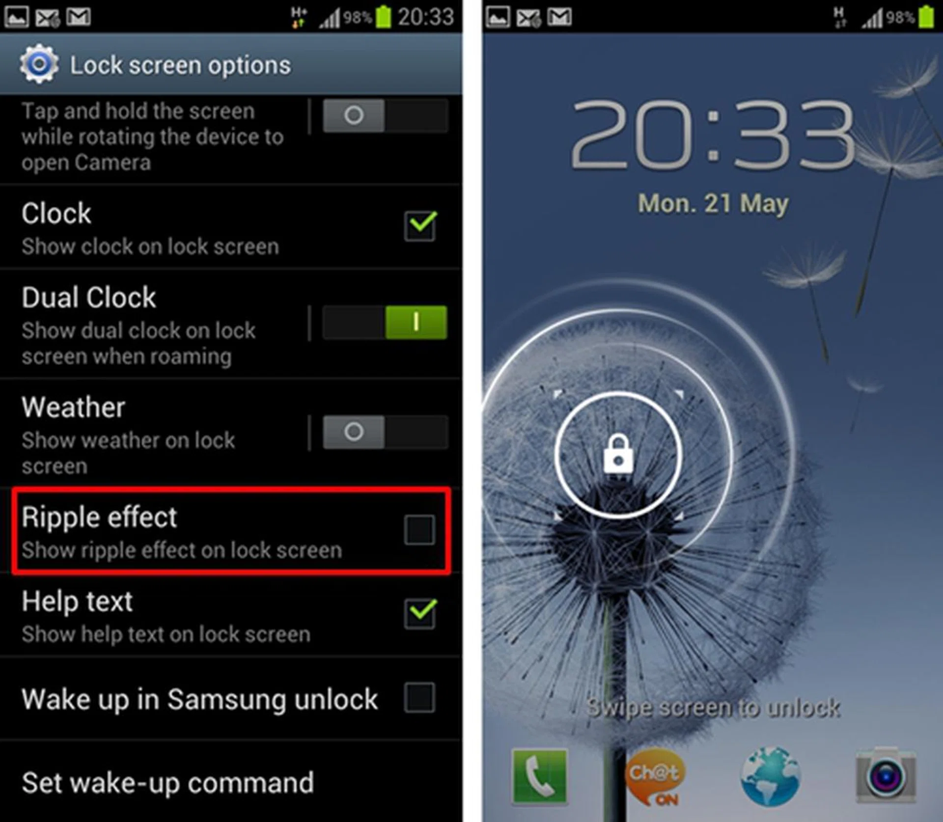 Remove the ripple effect and you will get the simple lock symbol when you touch the lockscreen. Simply swipe to unlock it or drag one of the four app shortcuts up to fire them up.  As mentioned earlier, a voice prompt also allows you to "wake up" the lockscreen to access various function/apps.