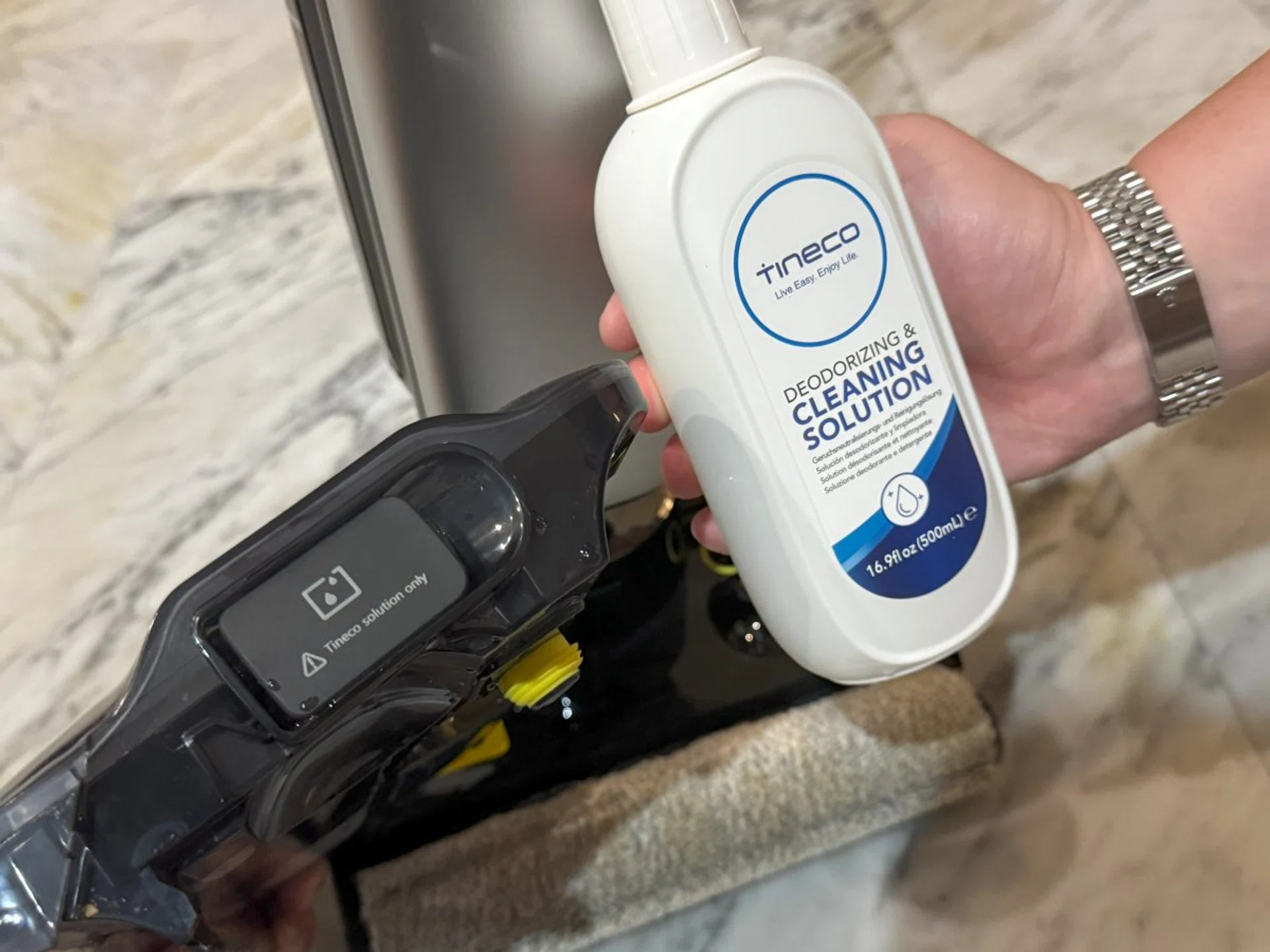 Tineco cleaning solution is included, which works well for regular cleaning. Photo: HWZ