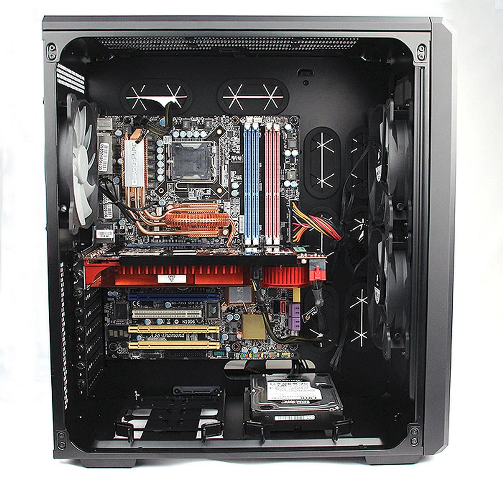 A look at the casing with the components installed. It is pretty spacious, and with the PSU on the opposite side, free from cable clutter.