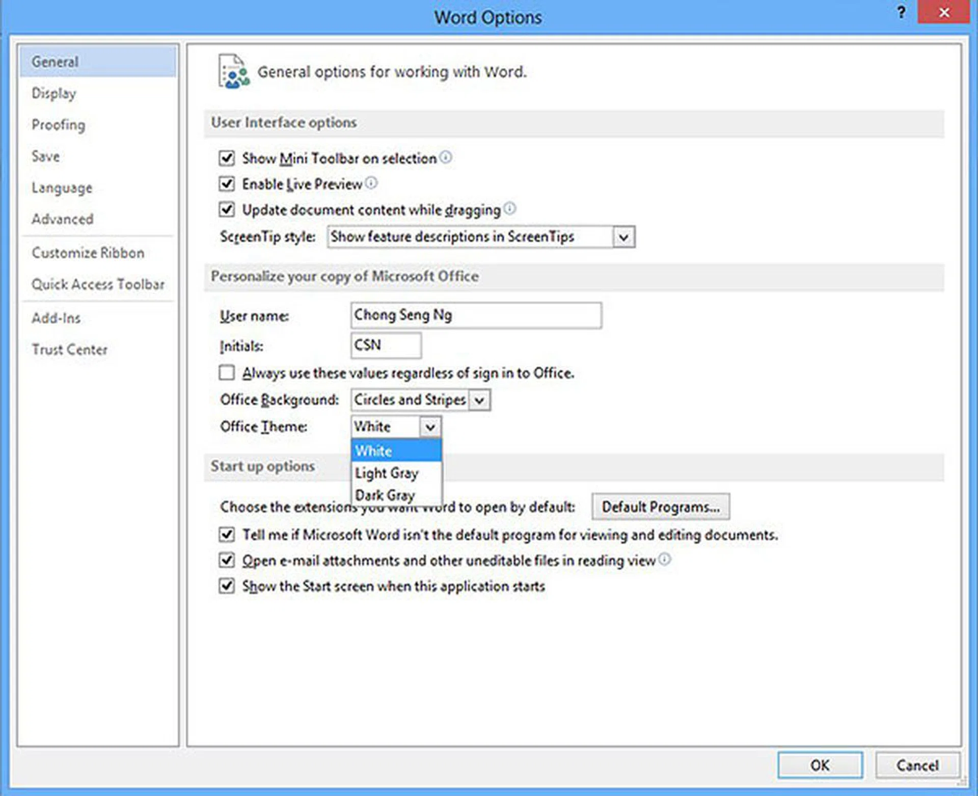 Office background and theme selection is found under File > Options or File > Account in any Office app. There are 14 backgrounds and 3 themes.