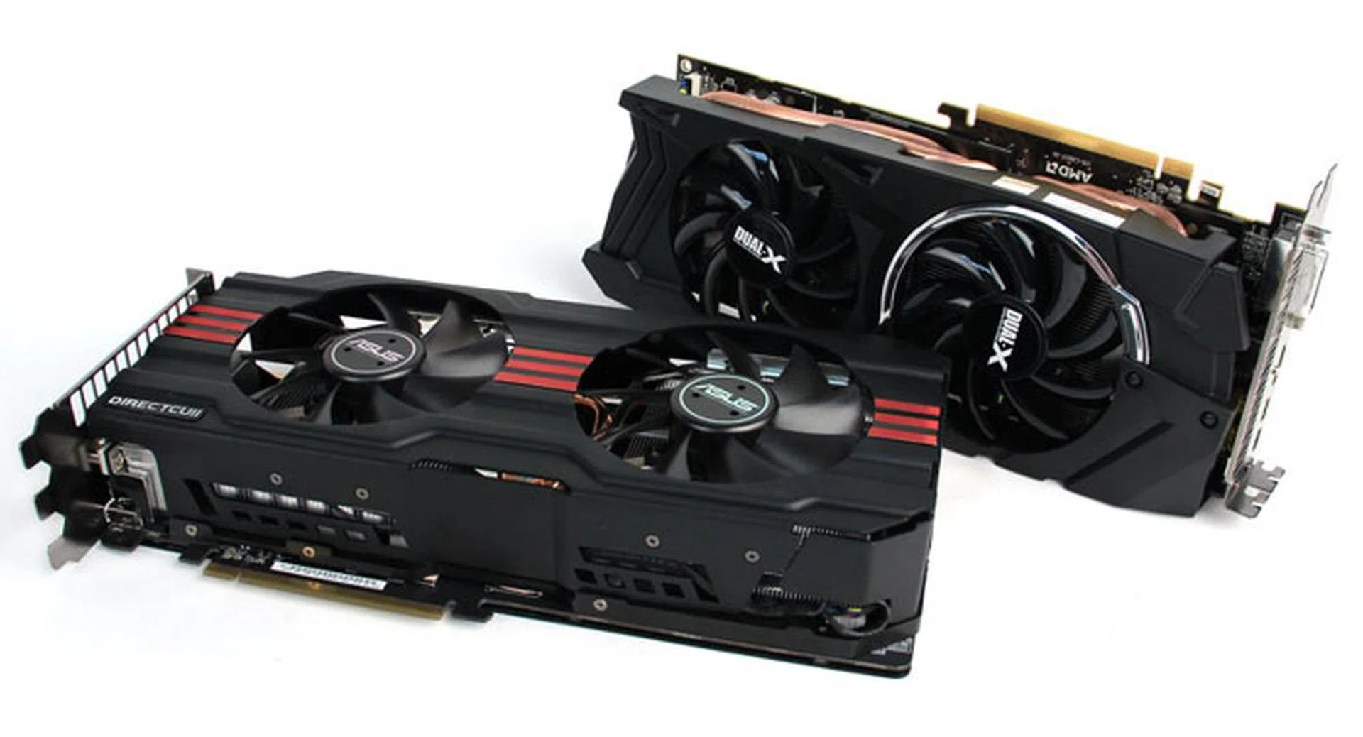 Our two combatants: ASUS Radeon HD 7970 DirectCU II TOP (foreground) and Sapphire HD 7970 OC (background).