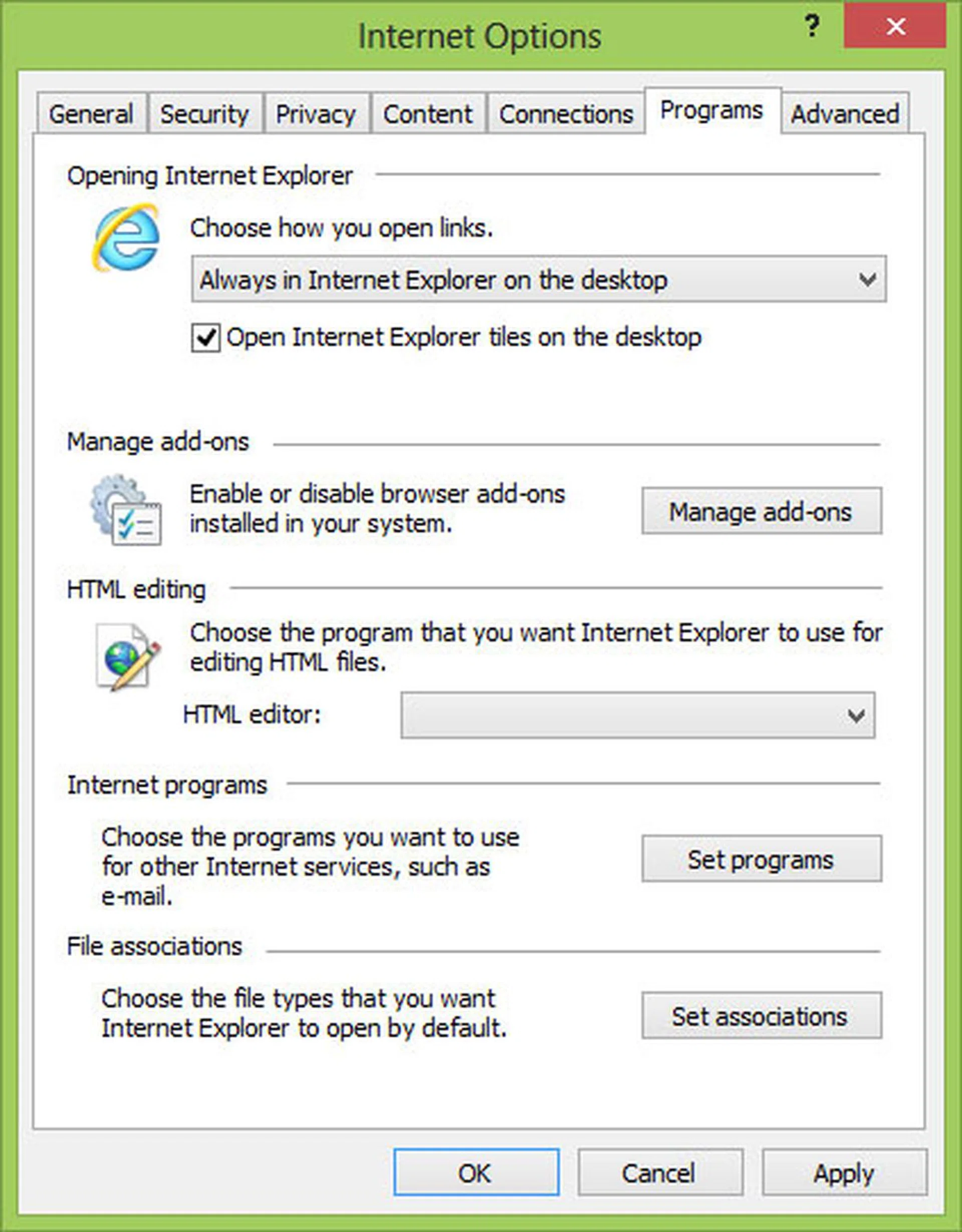 Loathe Modern IE? You can always set the desktop version to open links and even IE tiles by default. The settings can be found in the desktop app of IE, under Tools > Internet options > Programs.