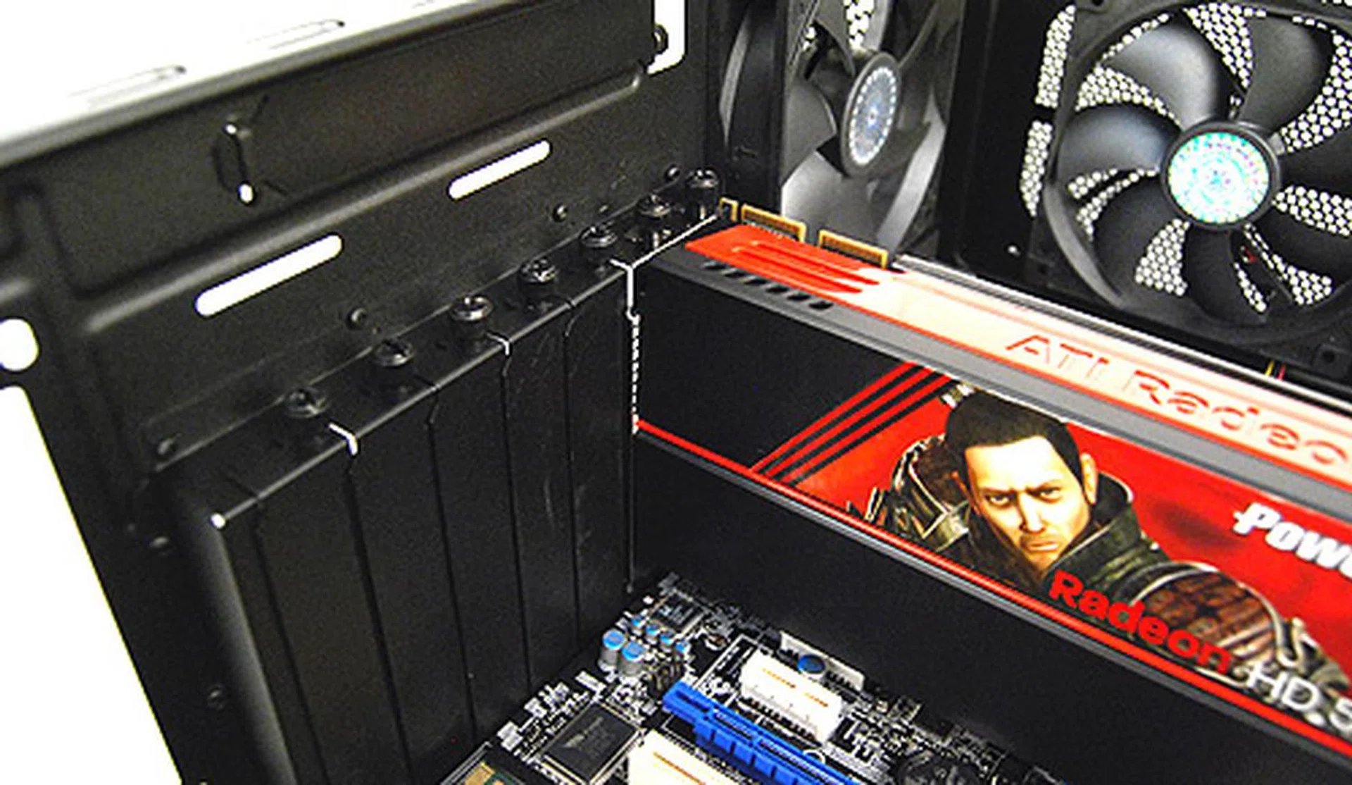 The expansion slots make use of thumb screws to secure components.