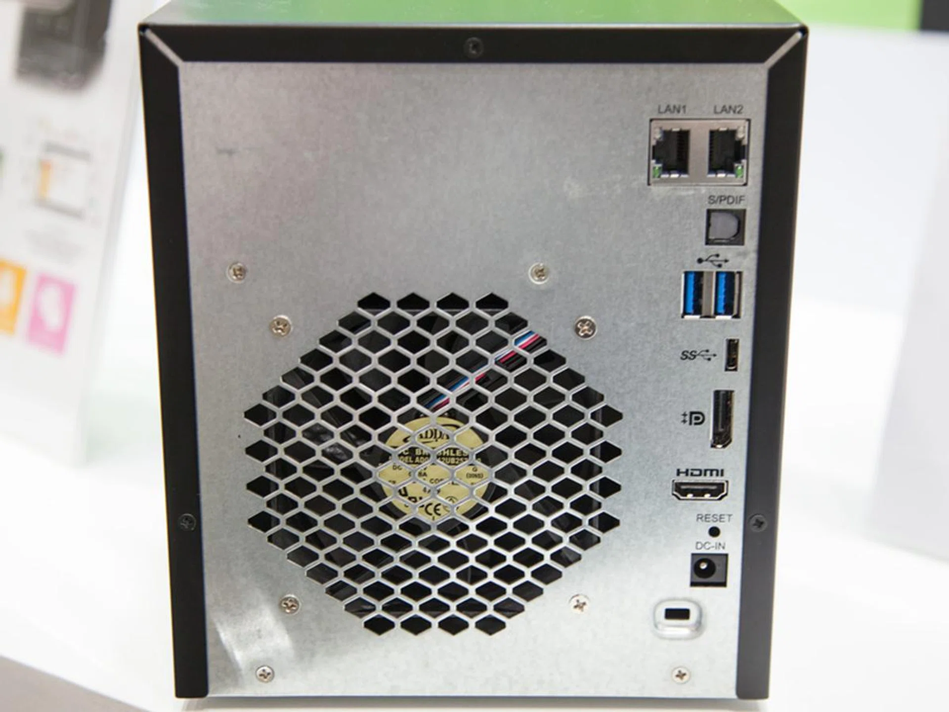 Behind the Thecus N4810 NAS, you'll find two Gigabit LAN ports, one SPDIF port for digital audio, two USB 3.0 Type A ports, one USB 3.0 Type C port, one DisplayPort, one HDMI, a power connector for an external 120W power adaptor and a Kensington lock slot.