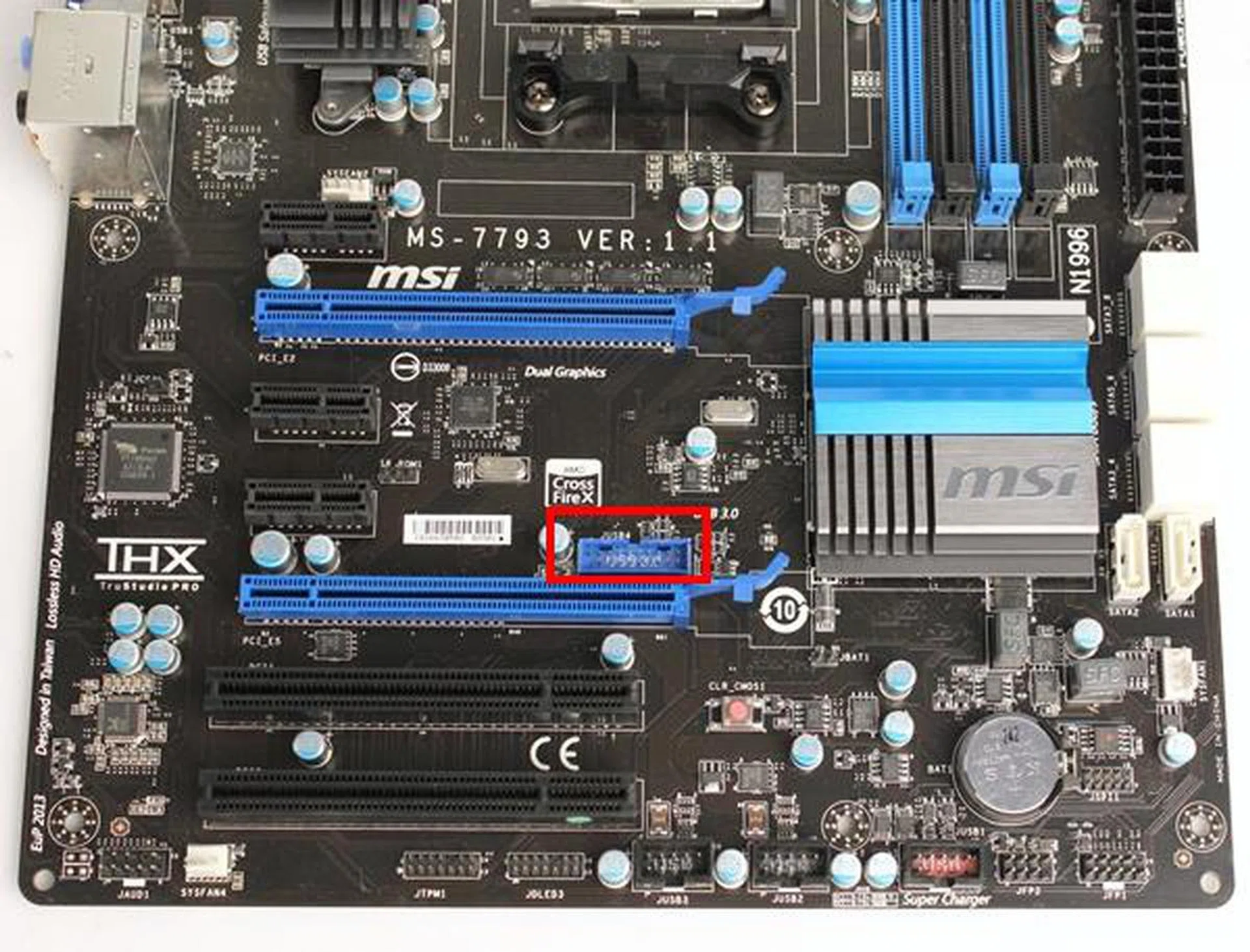 The USB 3.0 header is framed in red and we assume that its position should make it easier to connect a USB front panel's cable. The chipset of the board is passively cooled by a diminutive heatsink, which was surprisingly effective as you'll soon see in our test results section.
