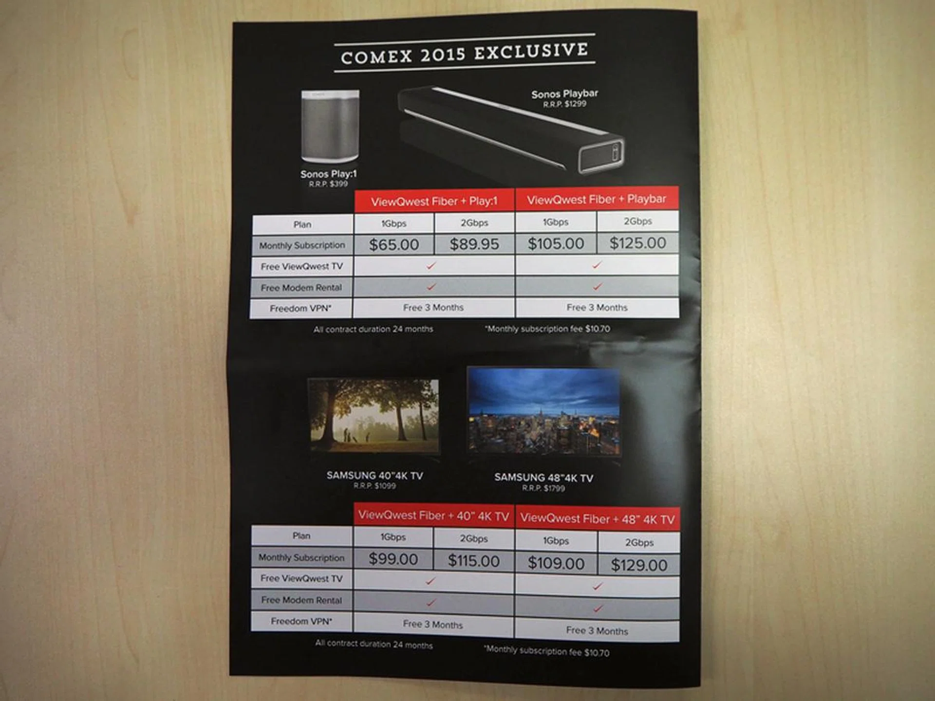 Choose a freebie, pay the listed monthly fee, and you’re done. While it’s no longer the only network service provider to give us 2Gbps, ViewQuest Fiber has pretty neat bonuses nonetheless, like the Sonos Play 1 (U.P. $399), Sonos Playbar (U.P. S$1299), or Samsung 4K resolution TVs at 40 or 48-inches (U.P. S$1,099 and S$1,799 respectively).