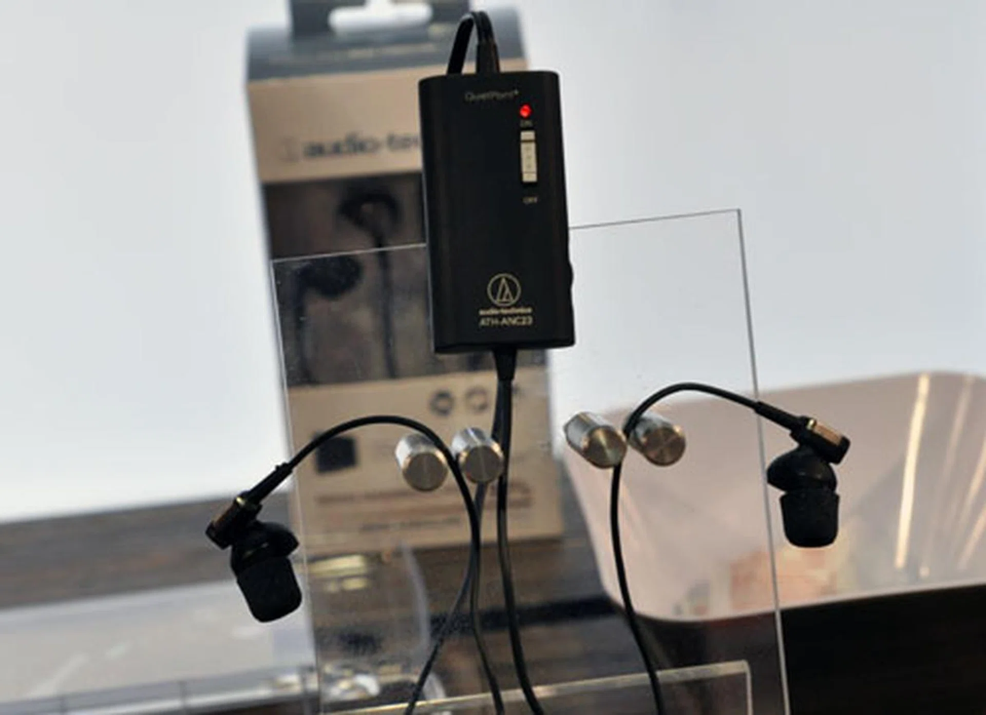 This is the new in-ear audio canceling headset, the ATH-ANC23. Uses their Quiet Point technology and is capable of reducing noise by 90%.