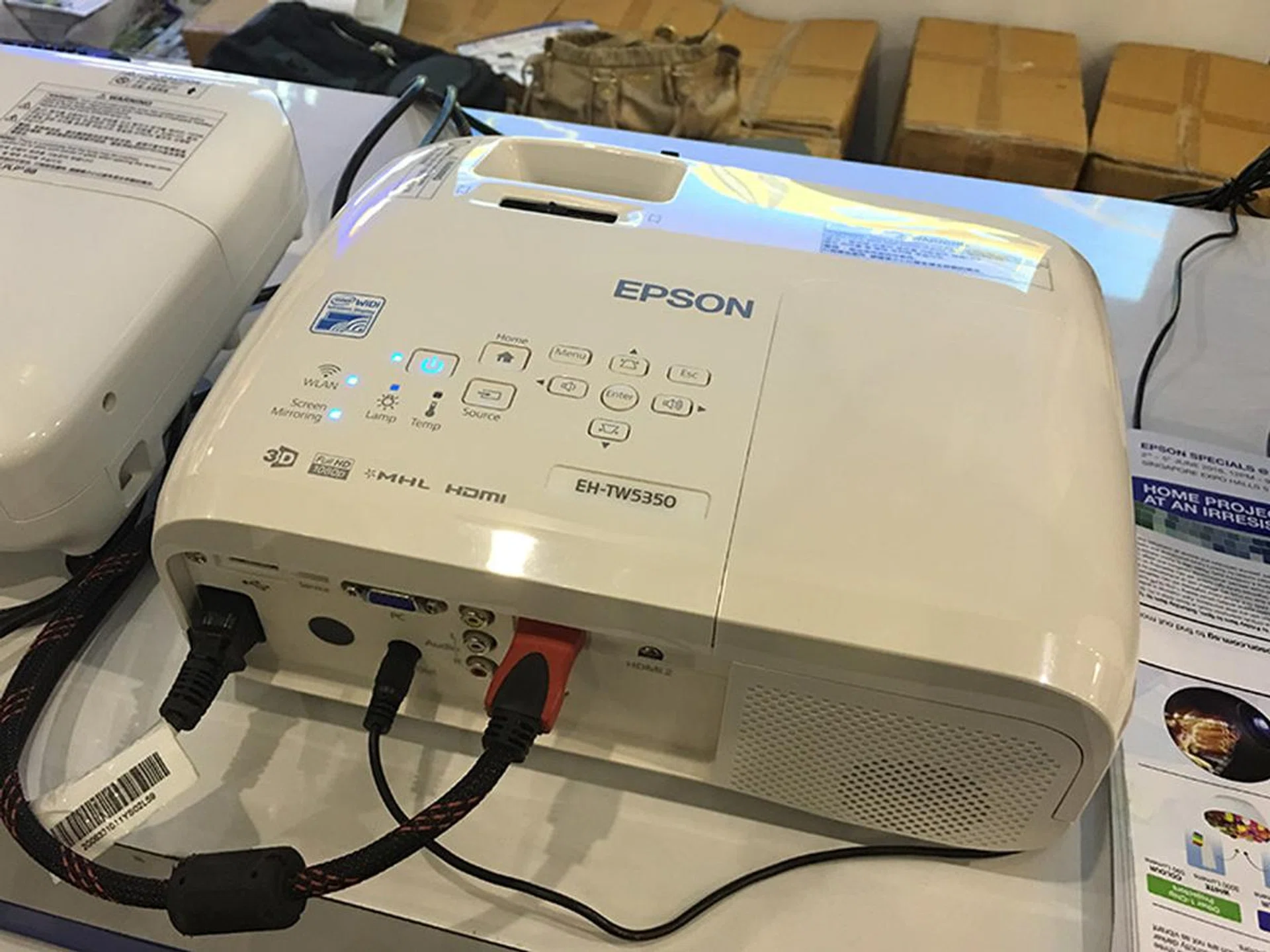 The Epson EH-TW5350 is an affordable full HD 3D home theater projector, with color and white brightness of 2,200 lumens. Going for $1,299 at PC Show, it comes with 2 pairs of 3D glasses and a free trolley.