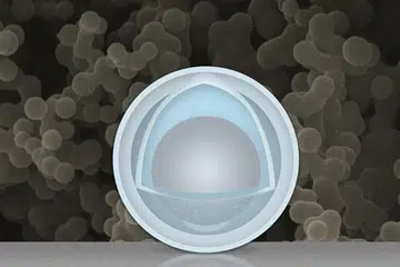 (Foreground): A pictorial representation of the egg and yolk nanoparticle structure; the grey center is the "yolk", and the outer most layer is the shell of the "egg". (Background): An actual electron microscope image of a collection of yolk-egg nanoparticles. (Image source: MIT)