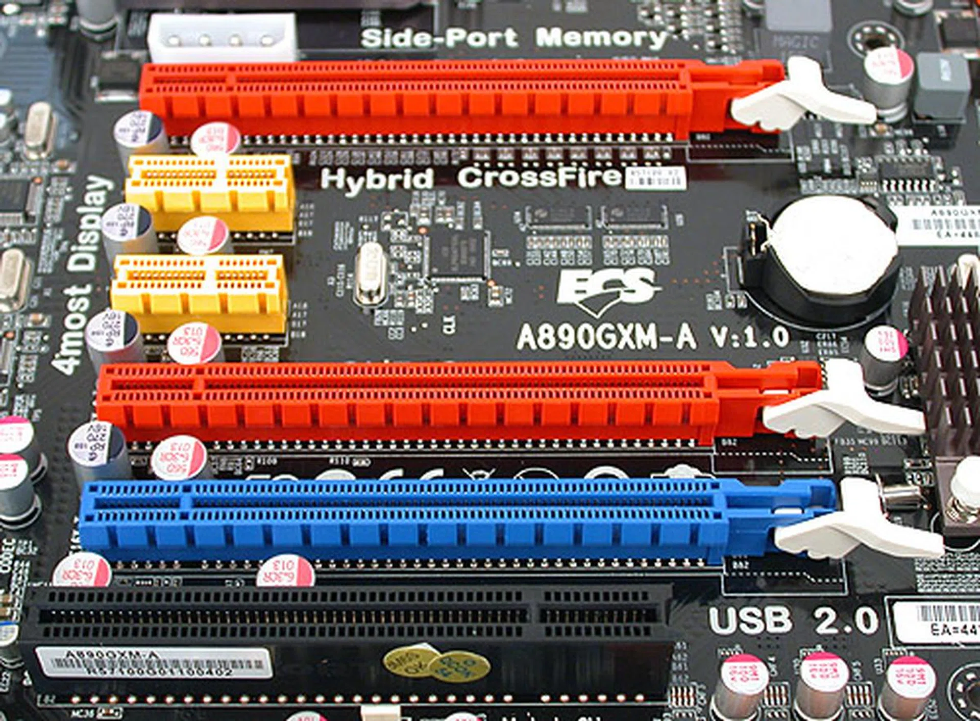 The two red PCIe 2.0 x16 slots are reserved for your CrossFireX setup (deferring to x8/x8 bandwidth allocation) with two graphics cards installed. The blue slot meanwhile has an electrical interface of only x4 despite its length.