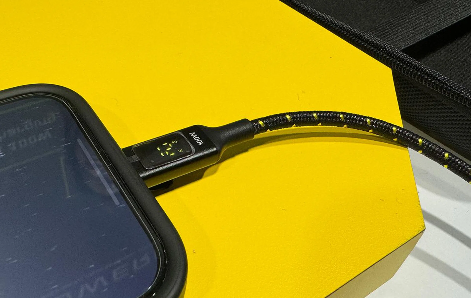 USB-C charging cable with LCD indicator for wattage.