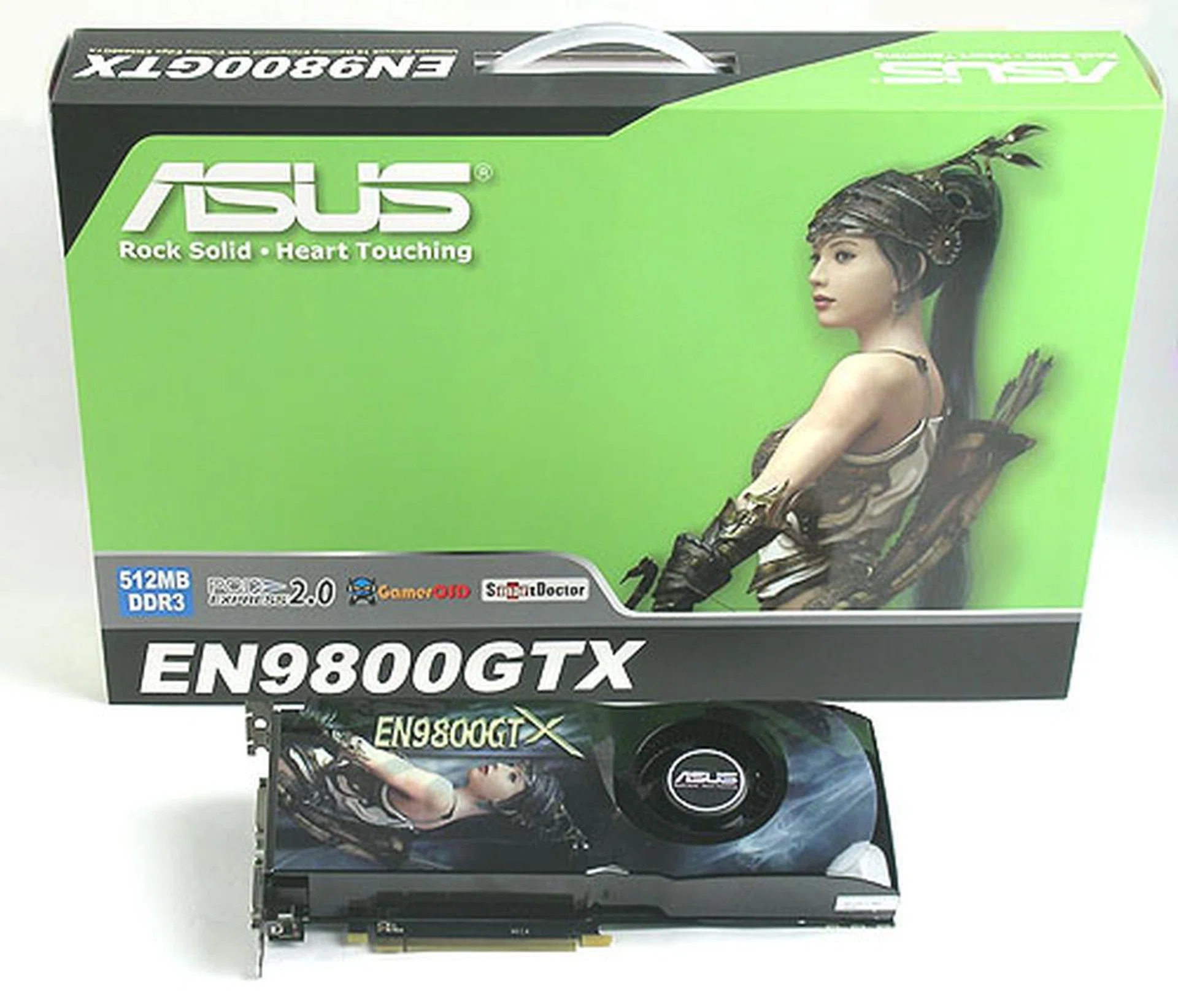 The ASUS EN9800GTX comes in a large, space grabbing package but inside, we found the standard clocks for both the core and memory. 