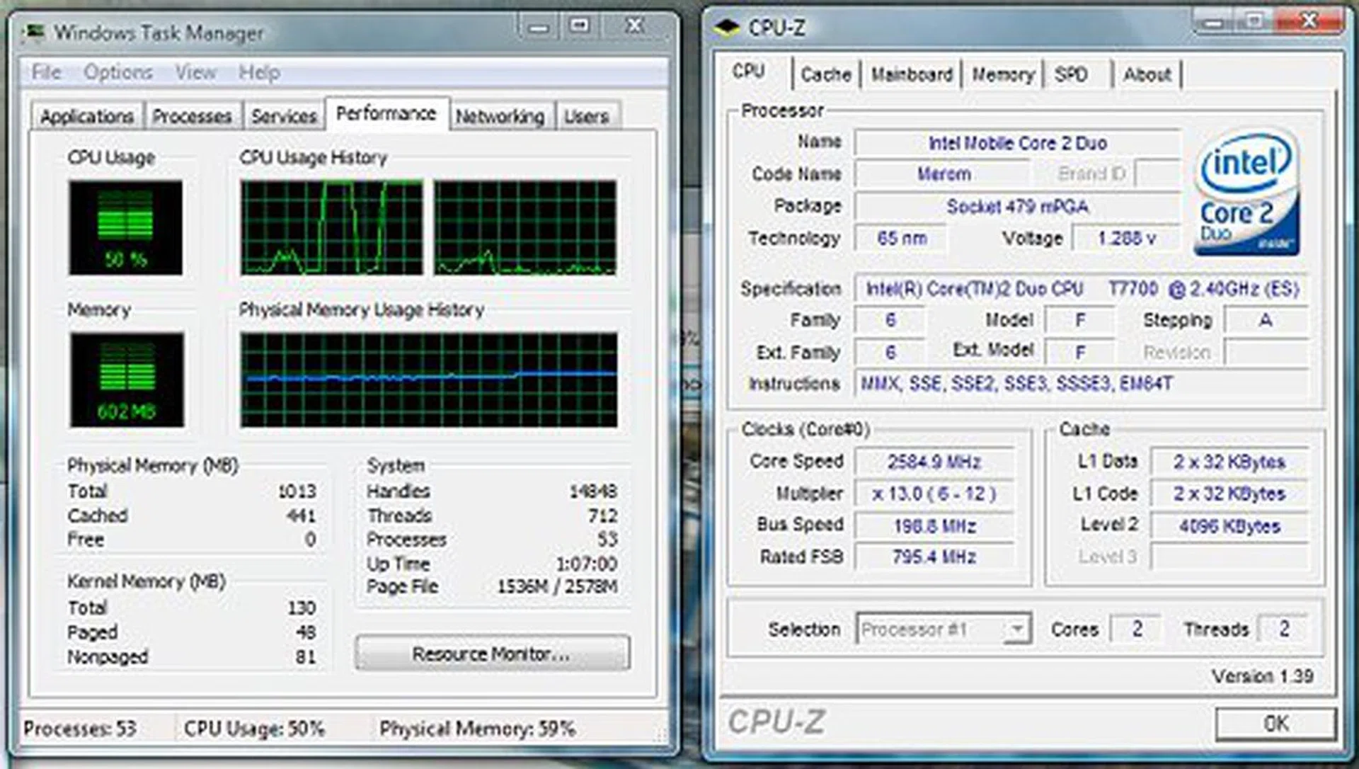 A successful simulation to see how Dynamic Acceleration works. In this image, you can see one core being heavily loaded and to the right, our CPU-Z screenshot shows that the processor is now running at a 13x multiplier. In a normal situation, the multiplier will never go above its processor limit of 12x.