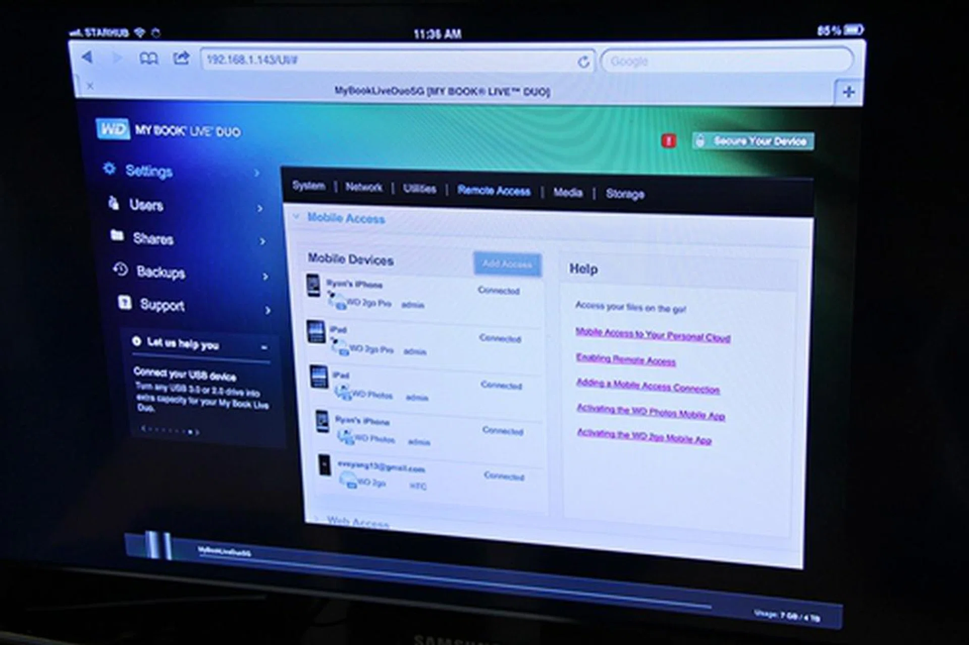 This is the web browser interface of the WD 2go application and shown here is the system settings for an online WD My Book Live Duo where the access list for authorized devices are configured.