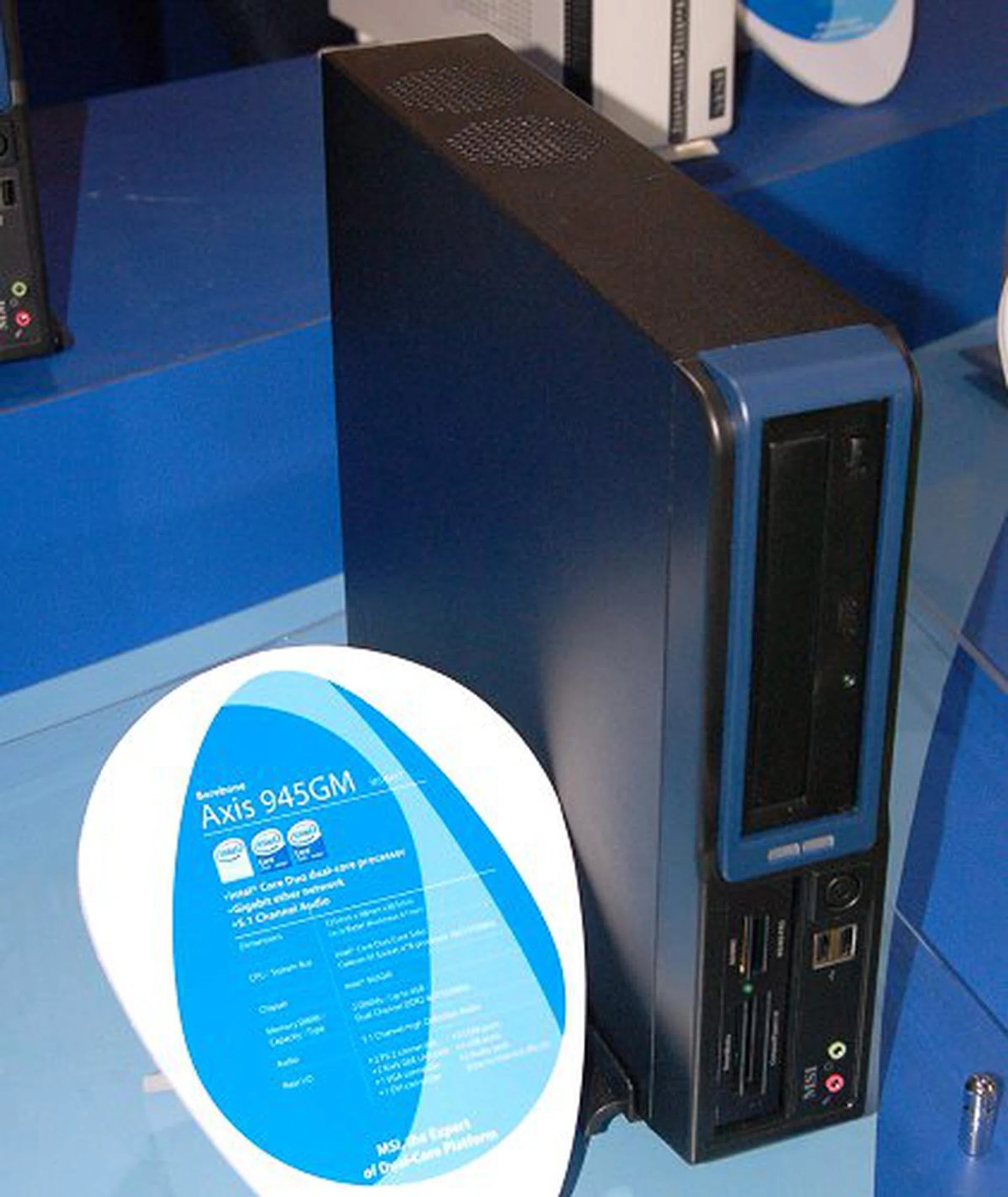 The slim Axis 945GM barebone system was designed for Intel dual-core processors. It uses Intel 945GM chipset and its vital statistics are 335 x 98 x 363mm (W x H x D).