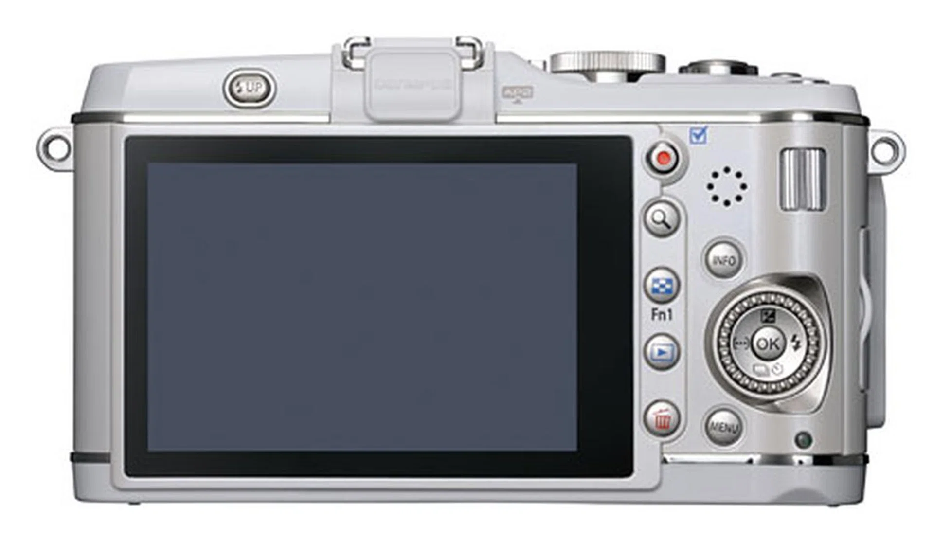 The control dial on the top right is tall and narrow, instead of the more common short and wide kind found on DSLR cameras.