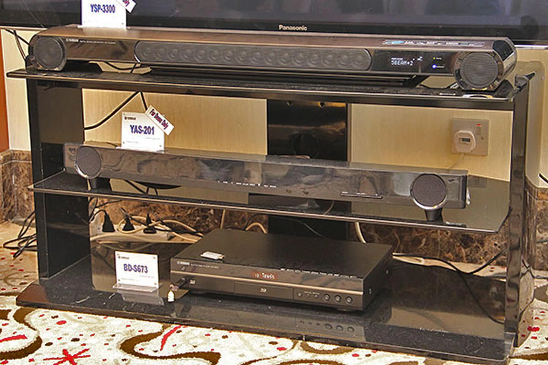 Here's a closer look at the two new sound bars. The BD-S673 Wi-Fi-capable Blu-ray player (bottom most) is also on show, and it has an estimated retail price of S$439.