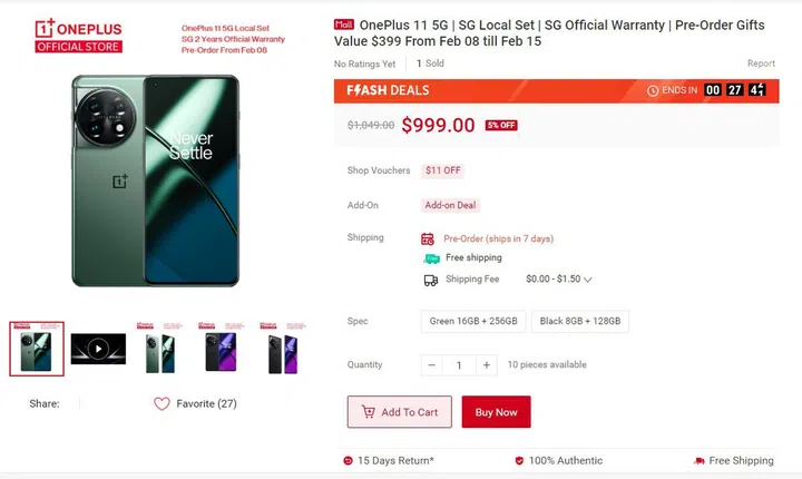 OnePlus 11 Shopee listing.