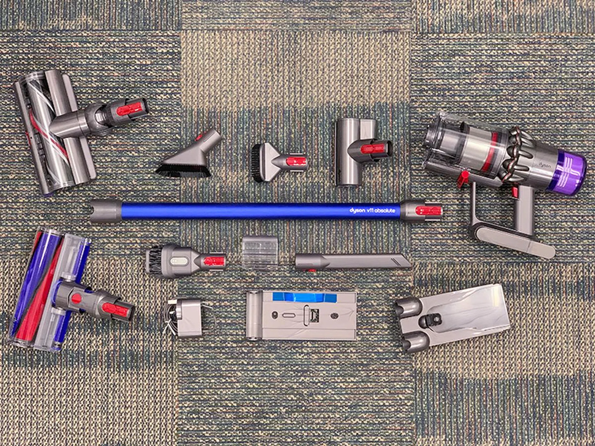 There are quite a few tools you get with the Absolute, but the more important ones are the soft roller cleaner head for hard floors, mini motorized tool for sucking tight spaces, and docking wall bracket.
