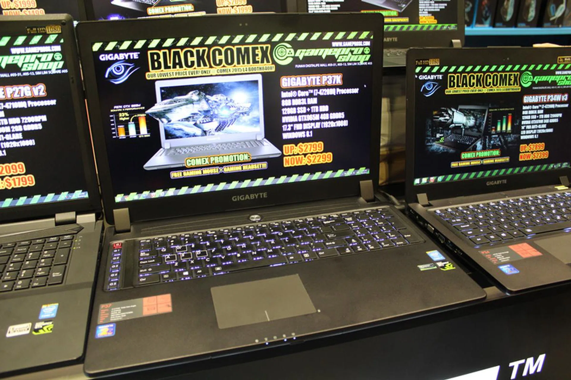 Gigabyte's P37K is a 17.3-inch notebook with a Full HD display, an Intel Core i7-4720 (2.6GHz, 6MB L3 cache), NVIDIA GeForce GTX 965M(4GB VRAM) 8GB DDR3L RAM, and 120GB SSD + 1TB HDD storage. It comes with Windows 8.1 and costs $2,299. (U.P.$2,299)