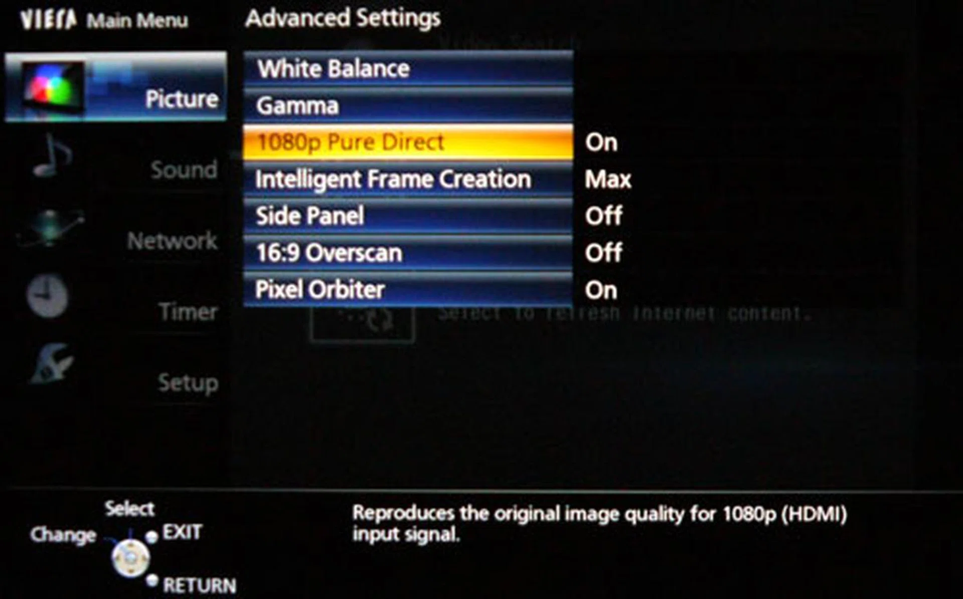 The "1080p Pure Direct" feature may prove elusive with 4:2:2 sources. If your Blu-ray player has the option to enable a 4:4:4 color space, do ensure it's on.  