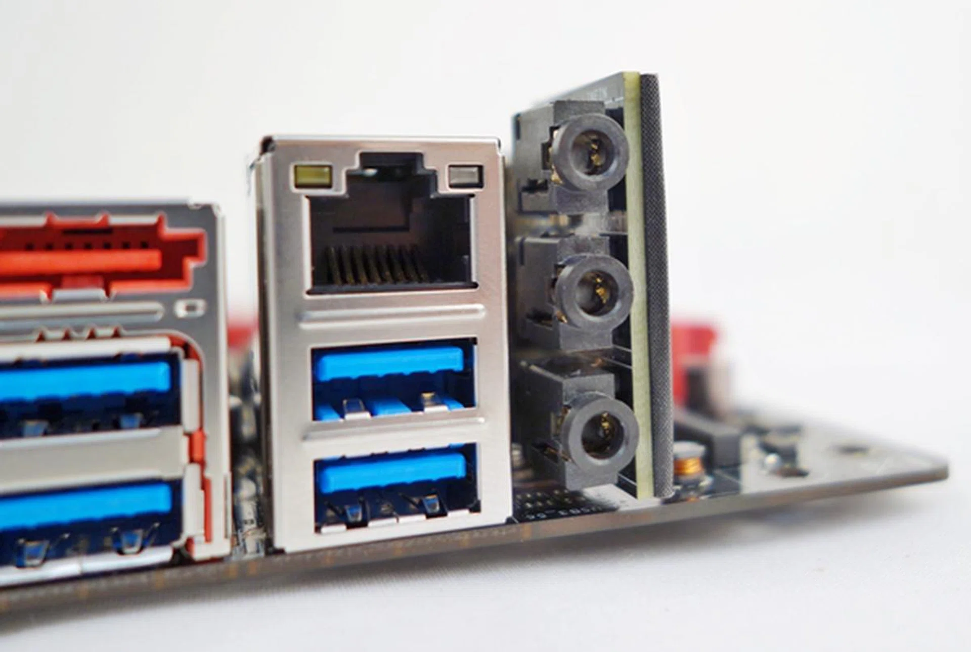 The rear audio ports of the SupremeFX impact sound card.