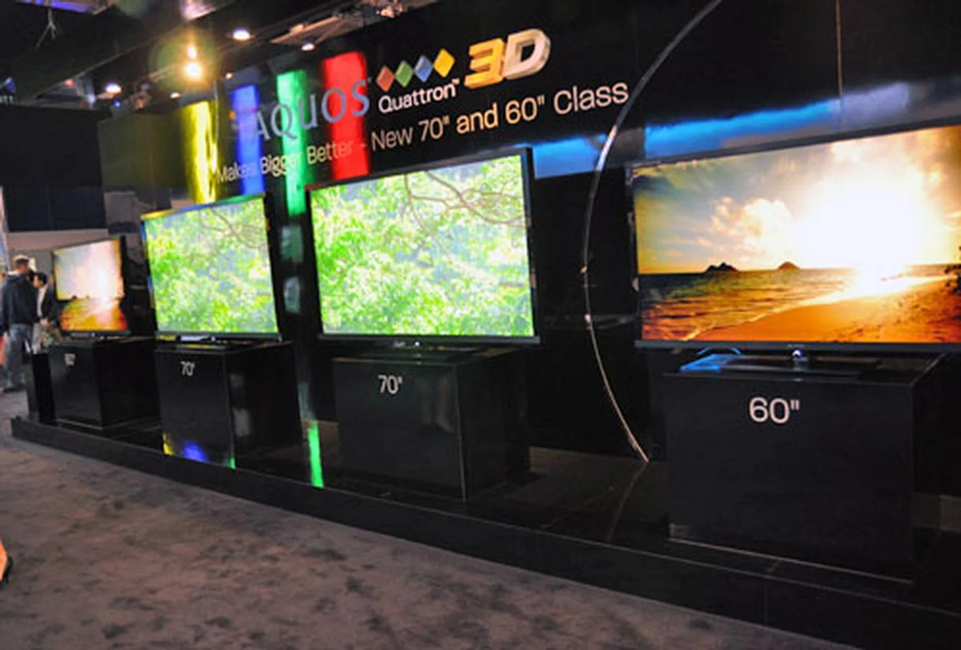 Right at the front are these latest Sharp AQUOS Quattron models in much bigger sizes. They are also 3D capable too!