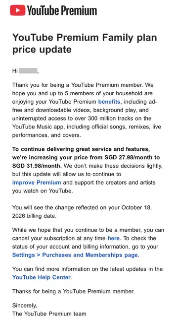 YouTube Premium family plan price 2026