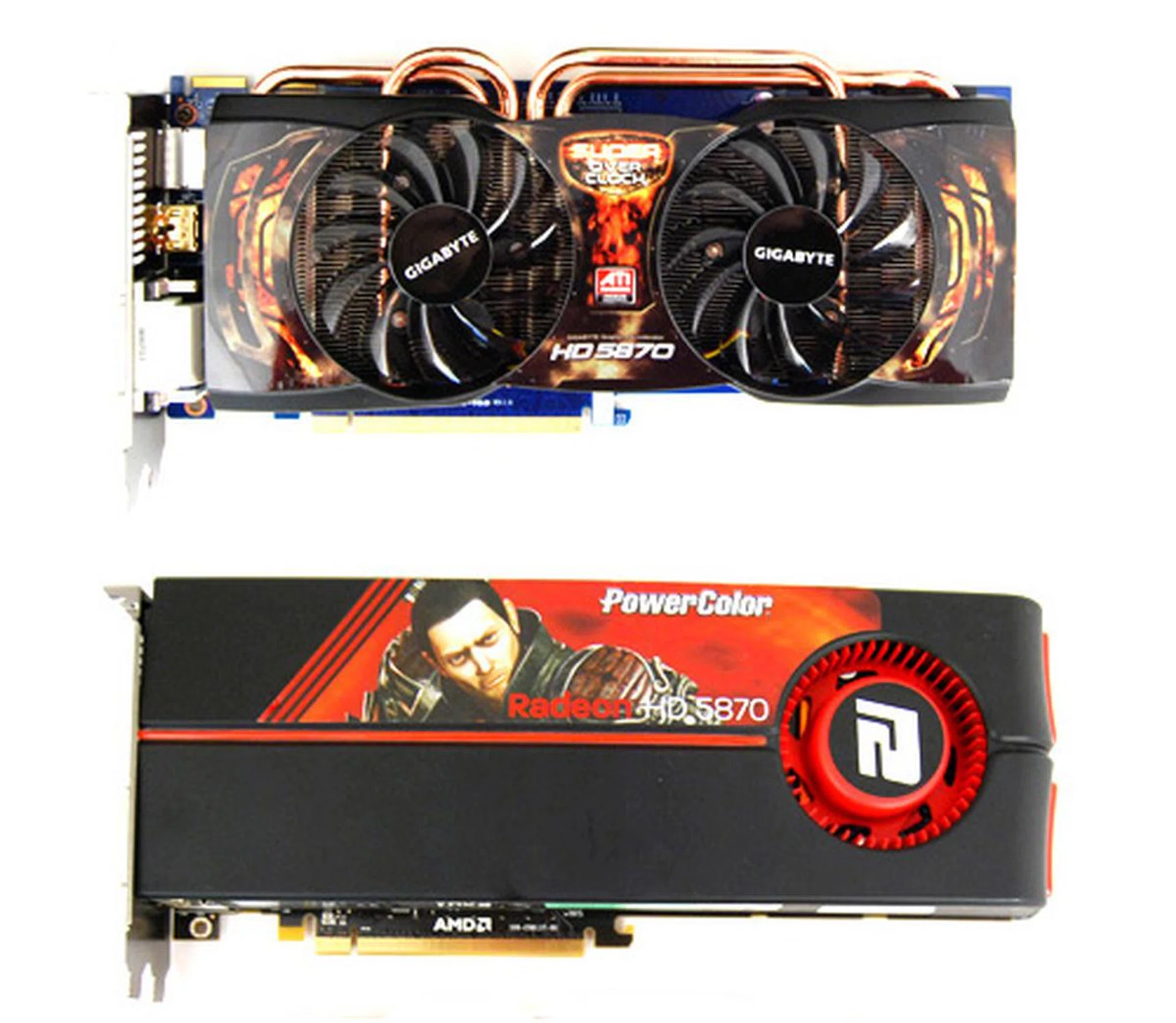 With its dual fan coolers and thick protruding heat pipes, the Gigabyte HD 5870 Super Overclock looks nothing like a reference card.