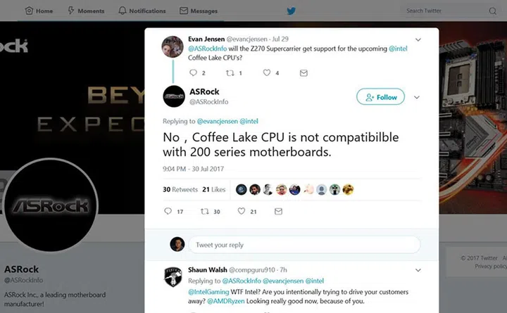 ASRock's tweet was made in response to a customer query.