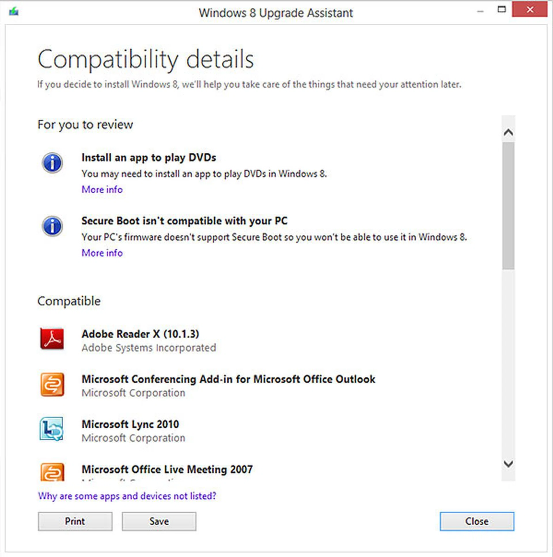 The Windows 8 Upgrade Assistant will perform app and device compatibility checks, and highlight any issue for you to rectify. (Image source: Microsoft.)