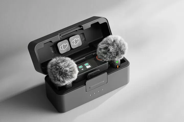 DJI Mic 3 in charging case with windscreen on