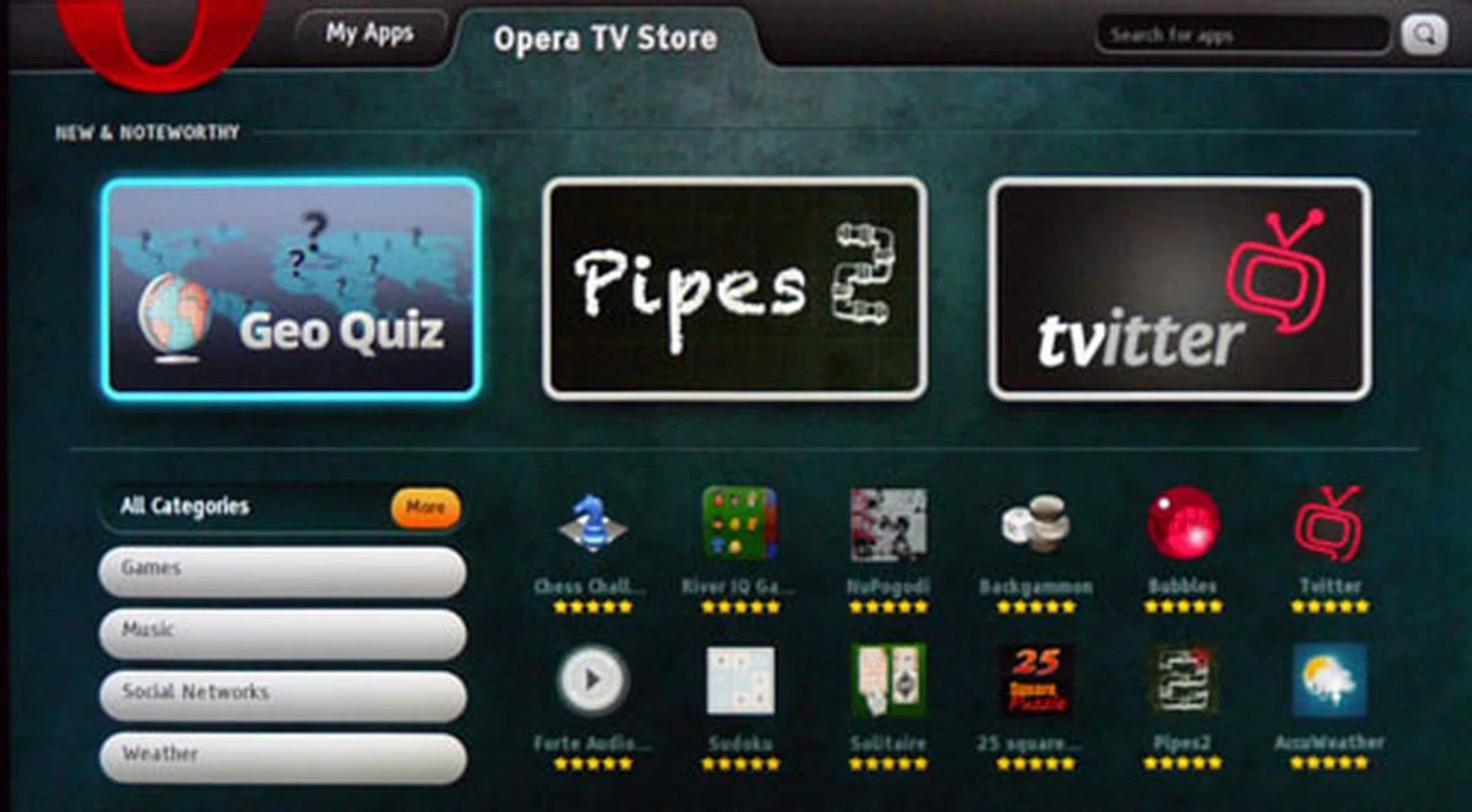 Opera's TV Store will feature applications coded in HTML5. However, there aren't too many apps to go around as yet, judging by what we've seen on the HX855.