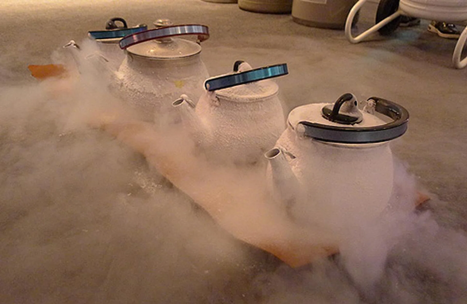 Liquid nitrogen is so cold that even the kettle that they are kept in have froze up.