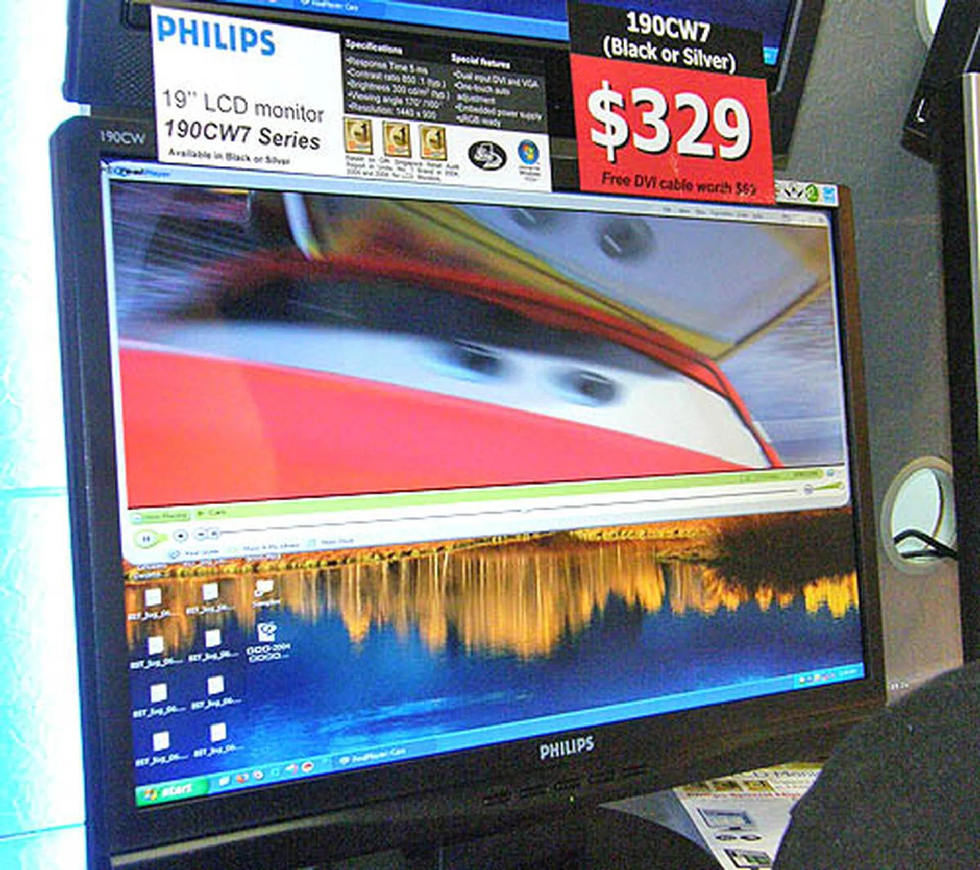  Philips 19-inch 19CW7 series of monitors offer a great entry-level wide screen solution with a 5ms response time, 850:1 contrast ratio and 300-nits brightness. The monitor has both VGA and DVI input and is on sale for S$329.  