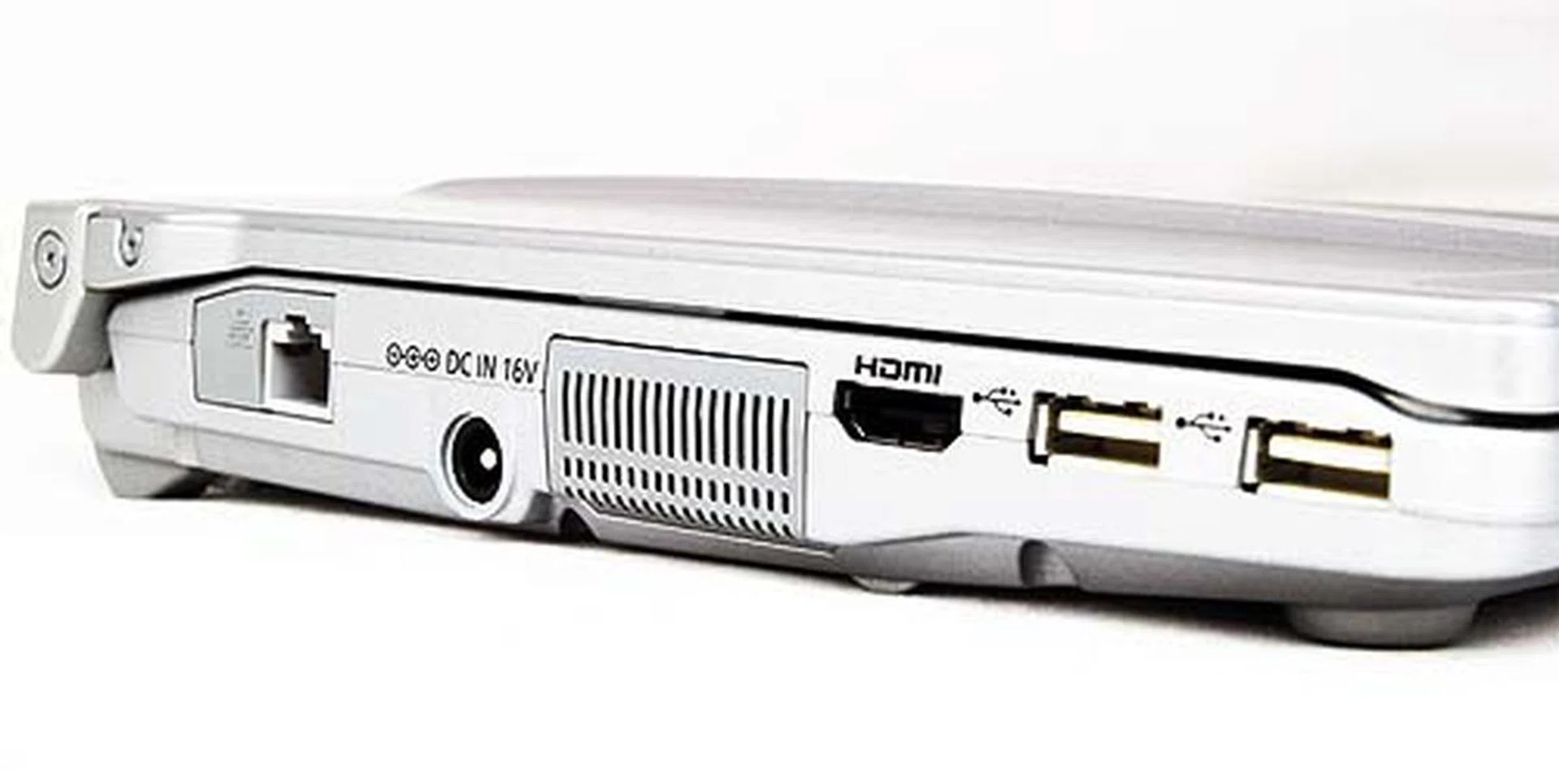 On the left, the LAN jack, power point, HDMI port and two more USB 2.0 ports.