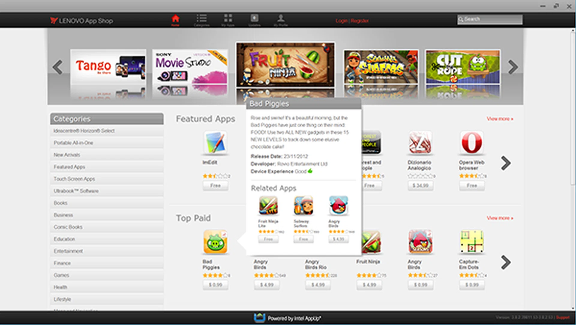 More apps can be downloaded or purchased from the Lenovo App Store. There is perennial favorites Angry Birds and other games and apps such as Fruit Ninja and Opera web browser.