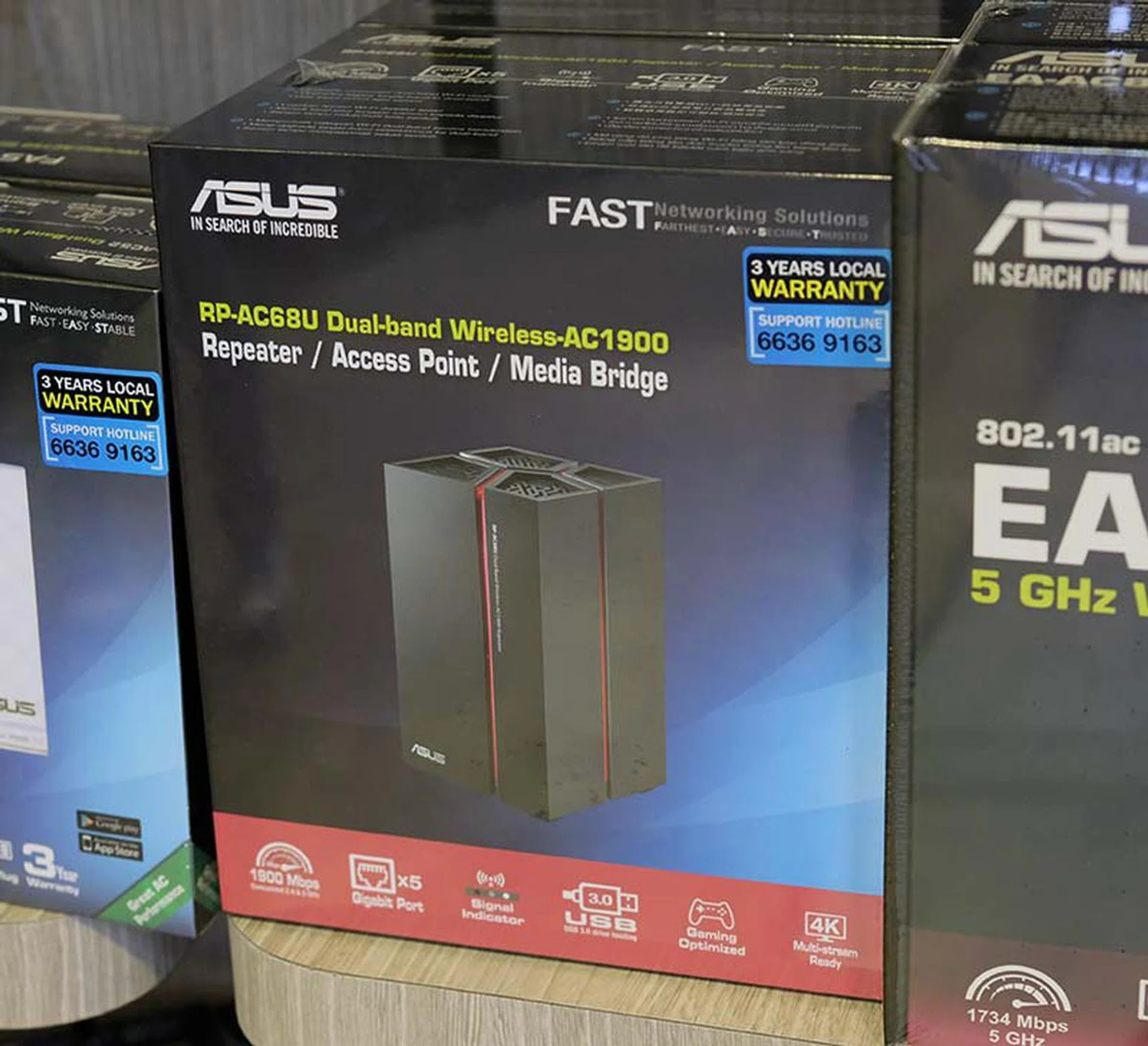 The ASUS RP-AC68U is one of the few AC1900 wireless repeaters available. It also features 5 Gigabit Ethernet ports and a USB 3.0 port to connect to additional devices. It is priced at $239 (U.P. $259).