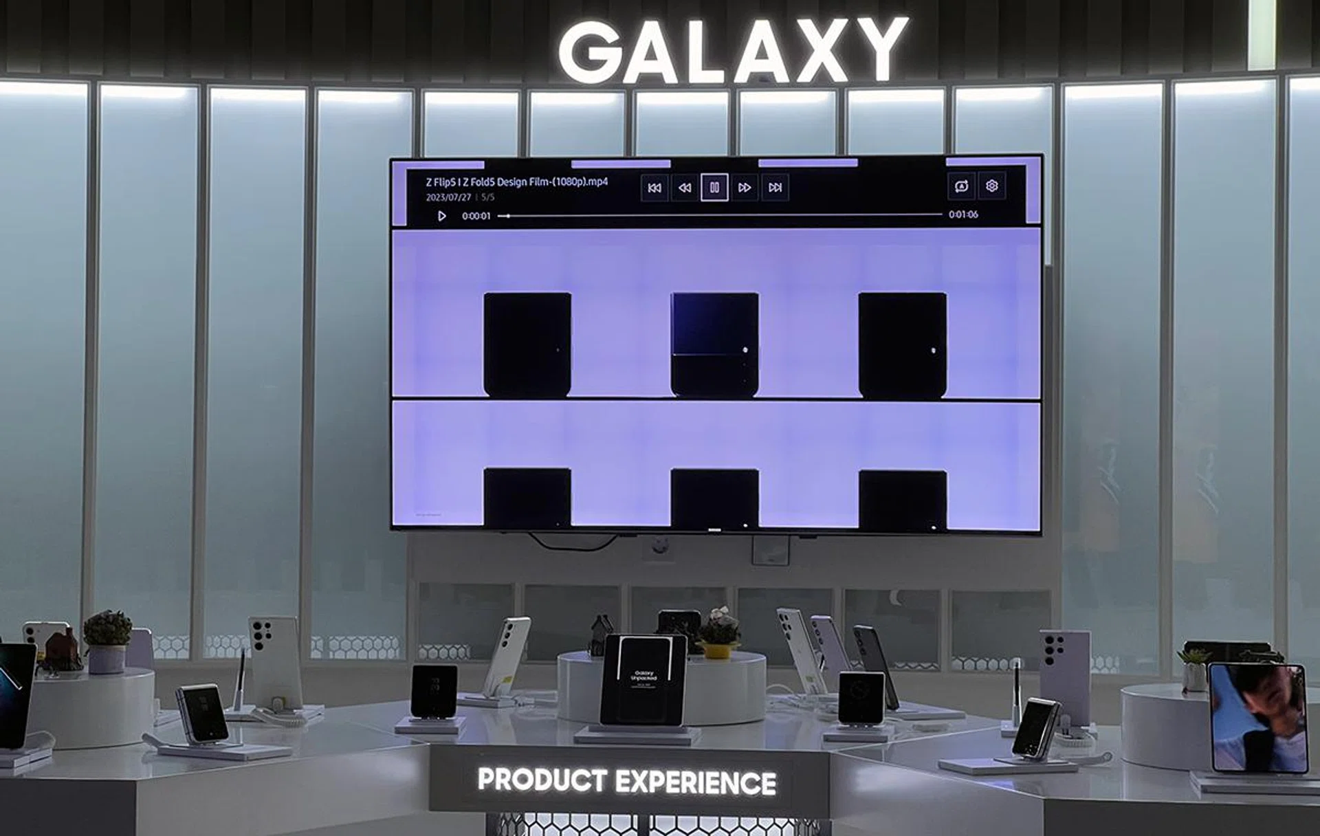 A display of the latest Galaxy Z handsets and Galaxy wearables launched at Samsung Unpacked 2023.