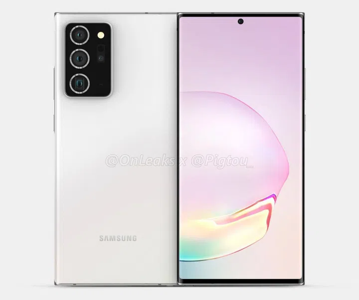 Purported render of the Samsung Galaxy Note20. <br>Image source: @OnLeaks and Pigtou.