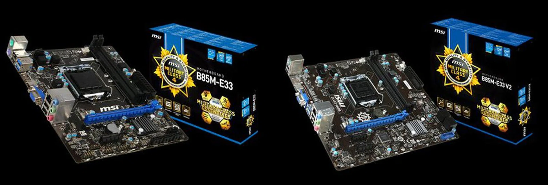 Notice how MSI markets its motherboard revisions? Here you have the B85M-E33 on the left and the B85M-E33 V2 on the right.
