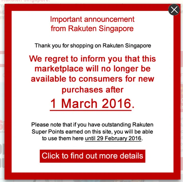 Rakuten's annoucement to its users on its website.