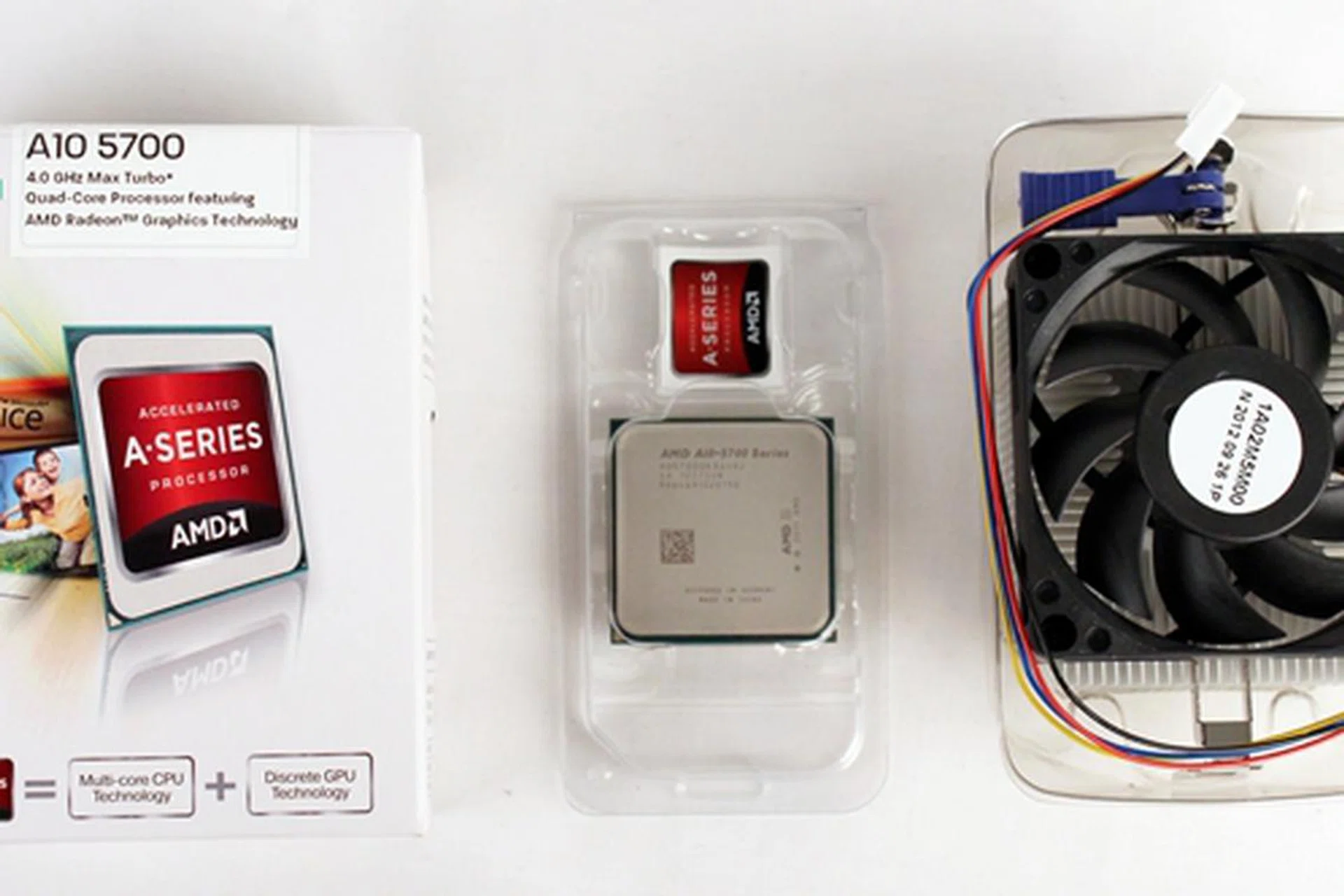 Like most of the other Trinity APUs, the A10-5700 comes in a compact retail package, together with a CPU cooler and a sticker that boasts of the APU's Trinity lineage.