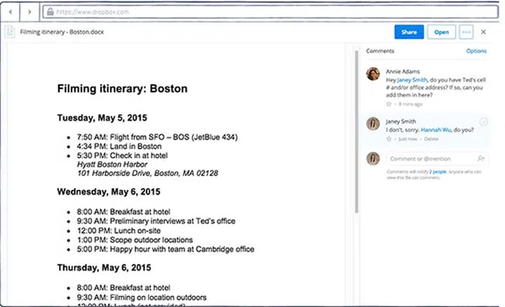 Users can add comments to shared files in a conversation sidebar. (Image Source: Dropbox)