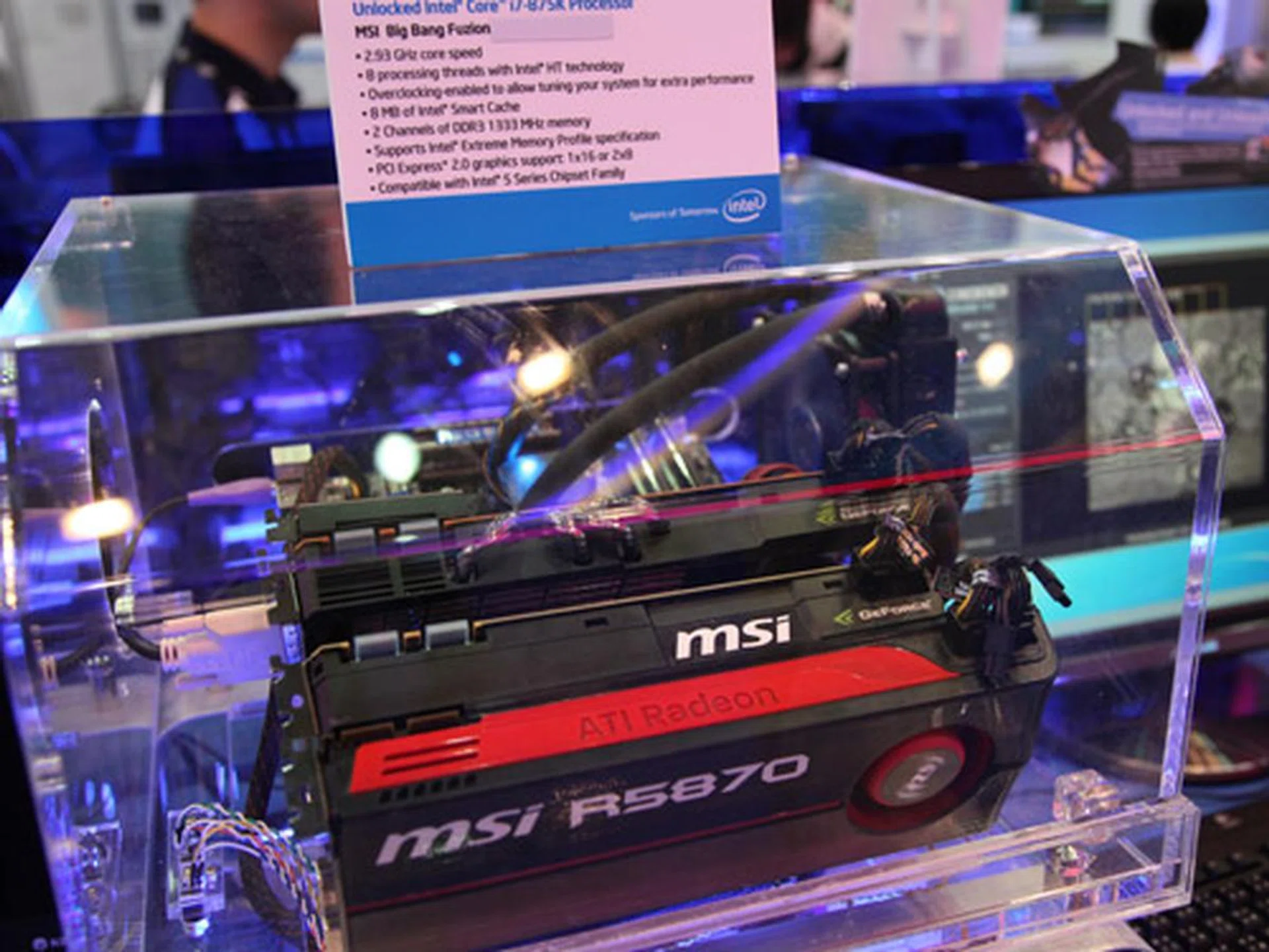The new unlocked Core i7-875K processor demonstrated on MSI's Big Bang Fuzion motherboard.