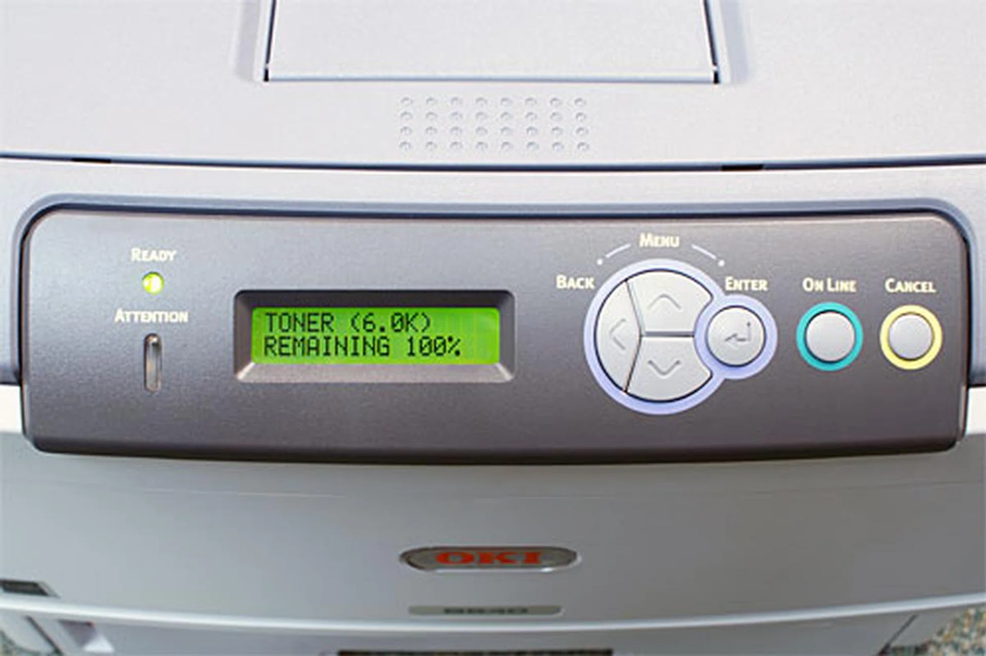 The monochrome LCD can display two rolls of up to 16 alphanumeric digits. You can press the On Line button to cancel power saving mode.