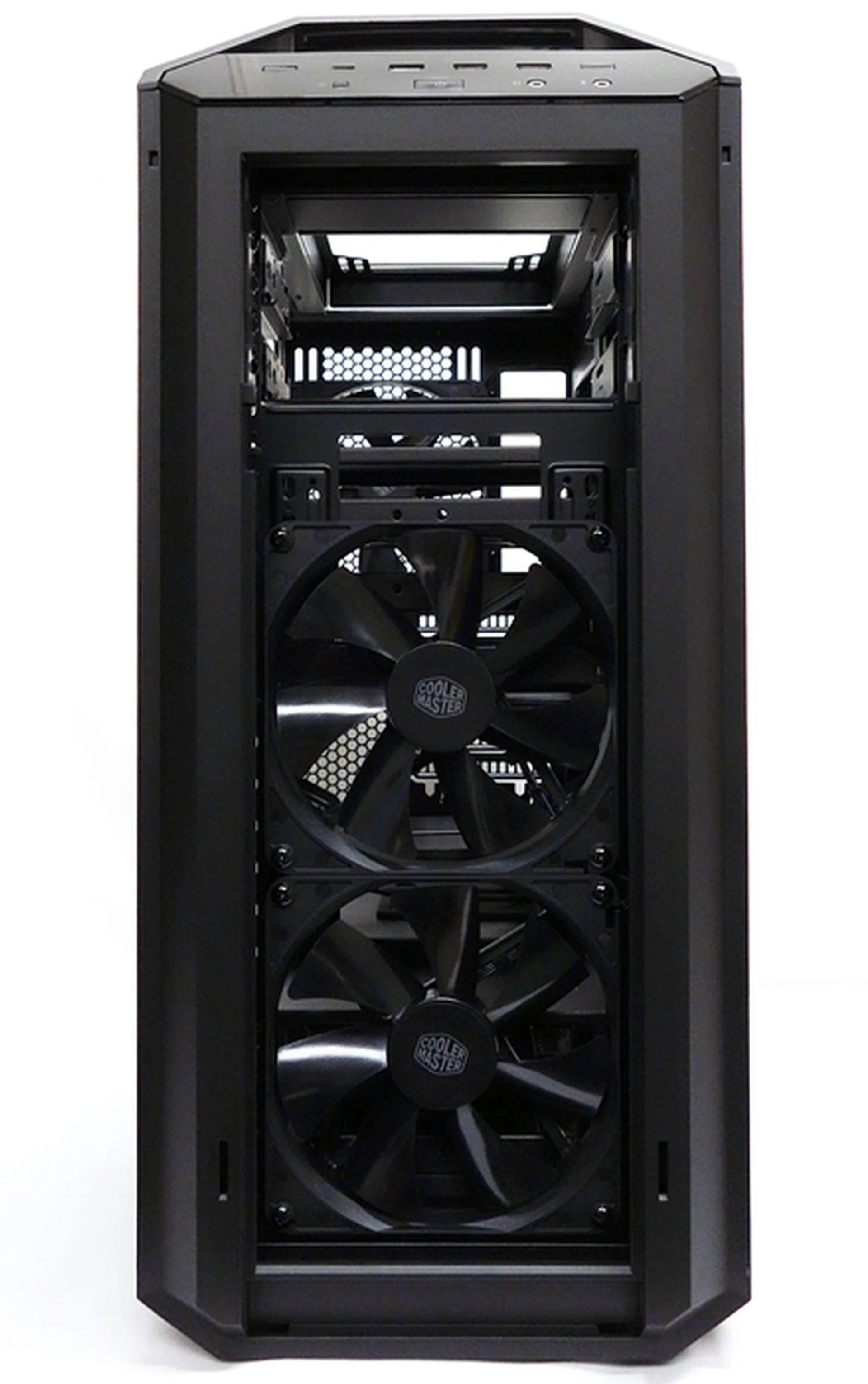 We pulled off the face plate, followed by the front panel to reveal the pair of bundled intake fans at the front.