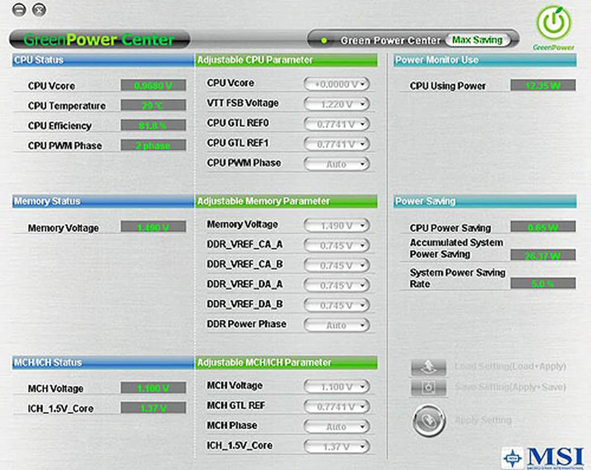There are a couple of set profiles to choose from. This is the Max Power Savings option and on enabling it, we saw the Vcore for the CPU drop immediately. 