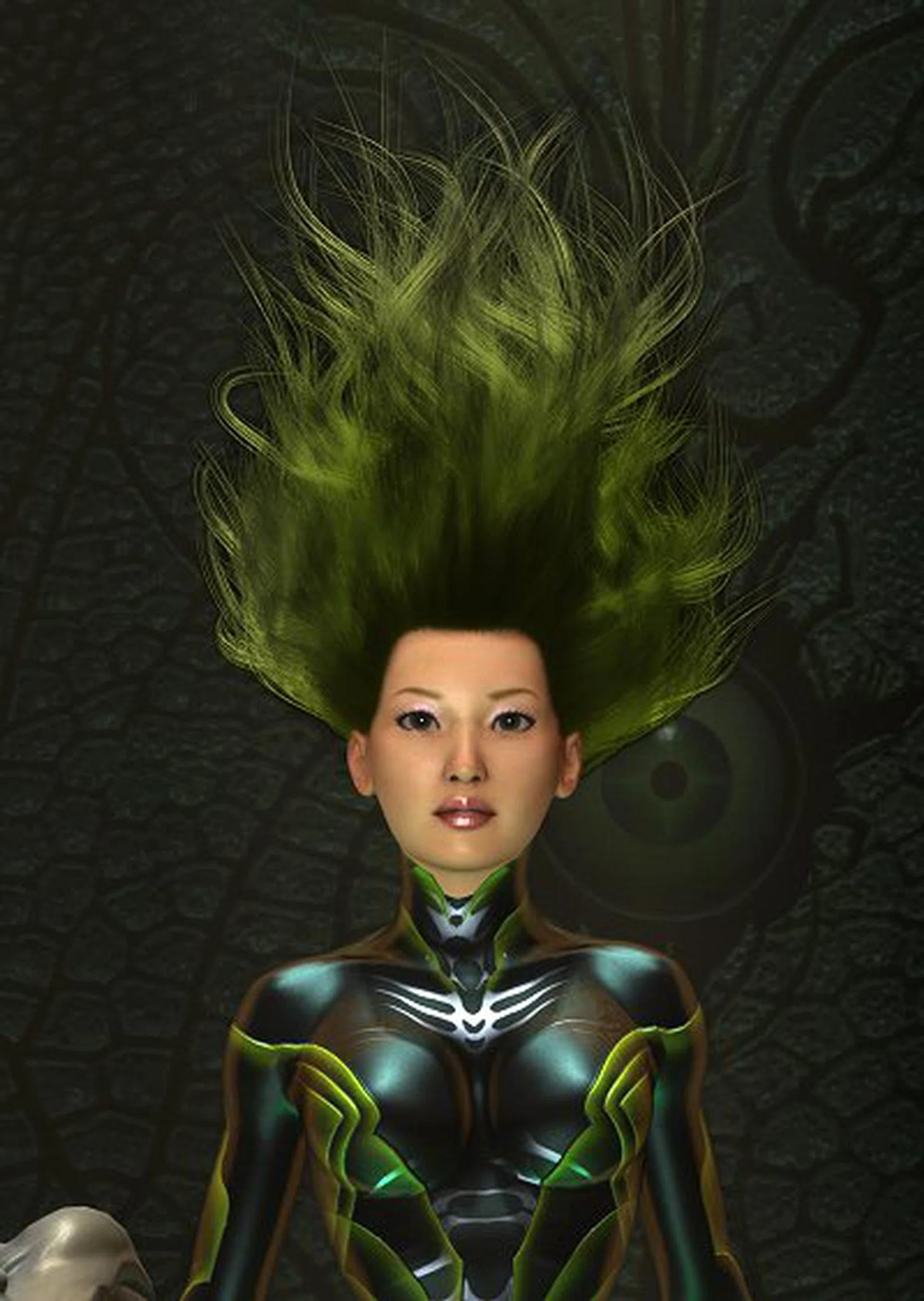 Enter NVIDIA's new mascot promoting the GeForce 7 series, Luna. Her facial expressions are even more realistic than Nalu, the mermaid mascot for the GeForce 6 series. Using soft 3D shadows, these give depth and volume to Luna's hair. That helps to cast shadows and portray volume more accurately as opposed to using shadows by individual strands of hair (such as in Nalu), which are likely to cast an overlay dark shadow when hair density is very high.