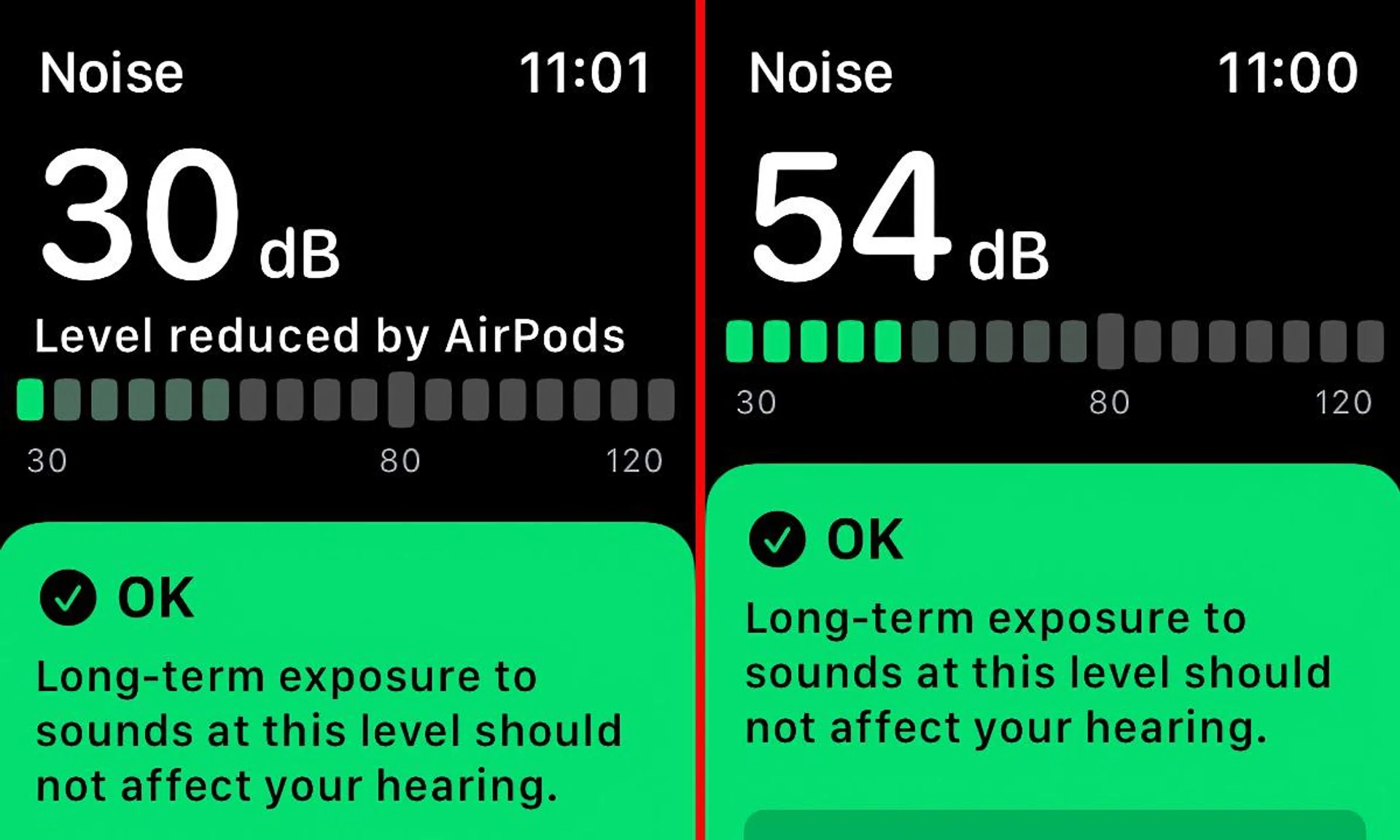 On the left is the amount of noise I'm hearing with ANC on and the right with ANC off. 30dB is the sound of whispering.